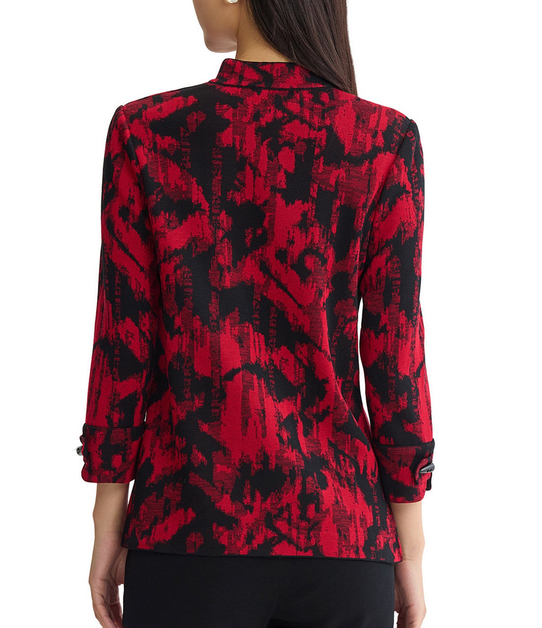 Ming Wang Petite Size Jacquard Knit Abstract Stand Collar Bracelet Sleeve Single Button-Front Jacket