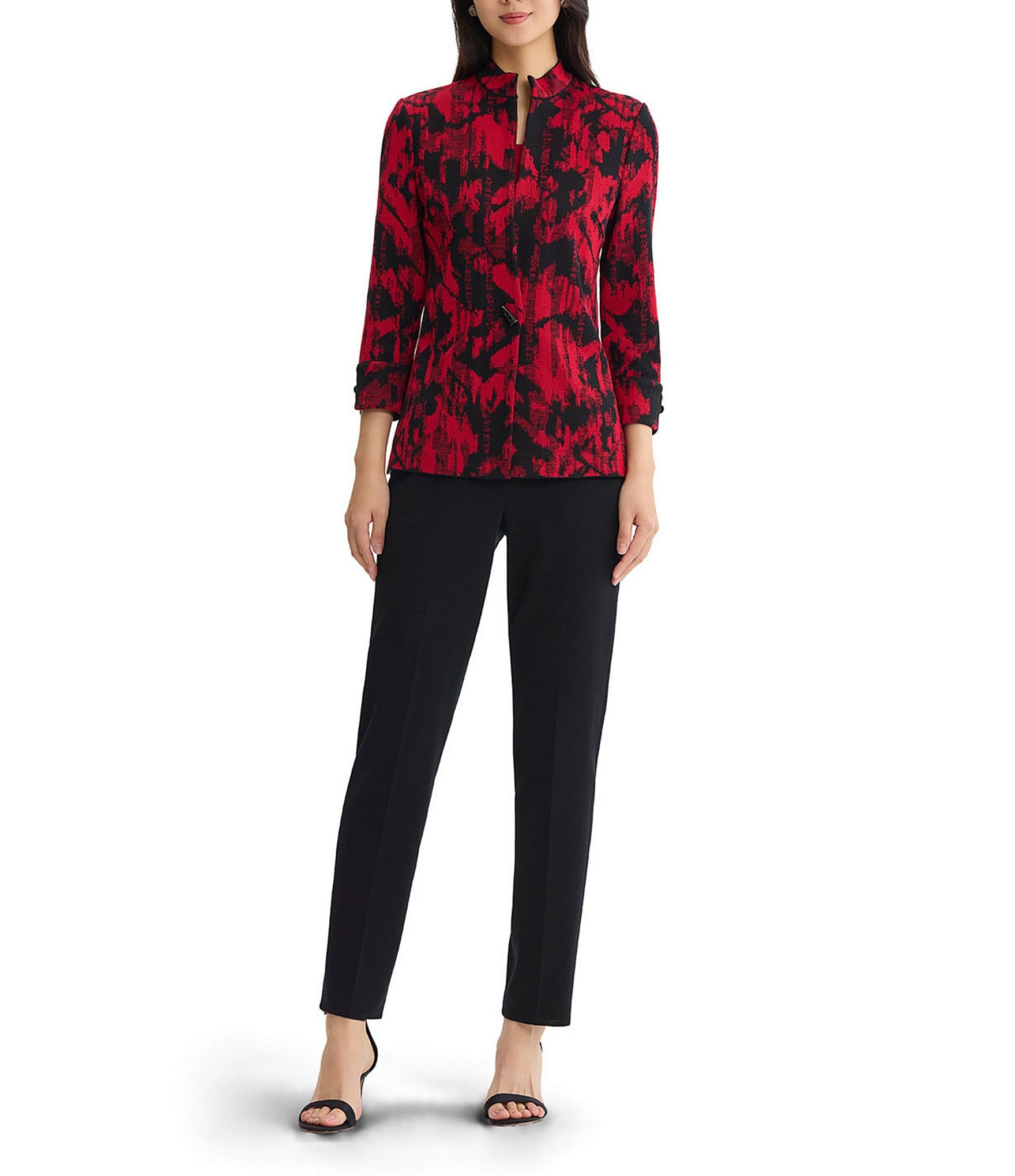 Ming Wang Petite Size Jacquard Knit Abstract Stand Collar Bracelet Sleeve Single Button-Front Jacket