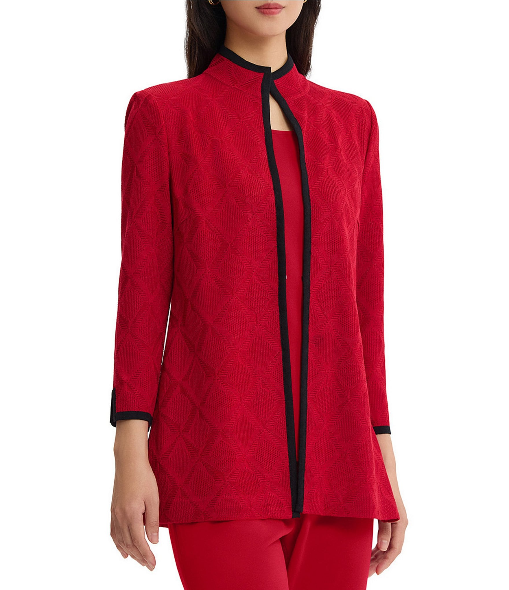 Ming Wang Petite Size Wrinkle-Resistant High Round Neck Bracelet Sleeve Contrast Trim Jacket