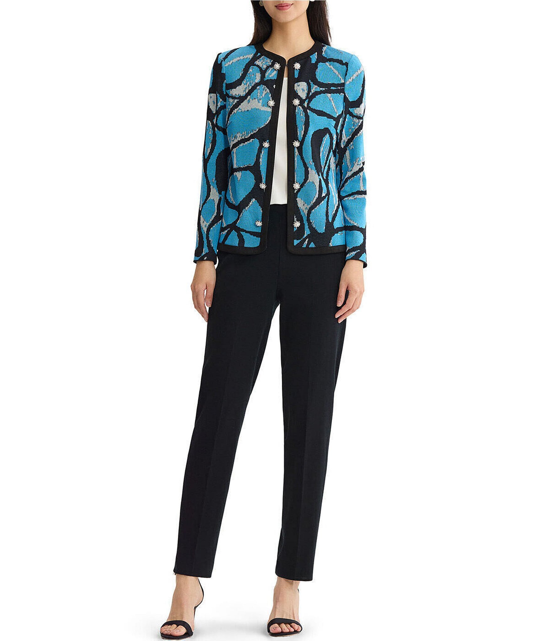 Ming Wang Petite Size Wrinkle-Resistant Jacquard Knit Abstract Long Sleeve Jacket