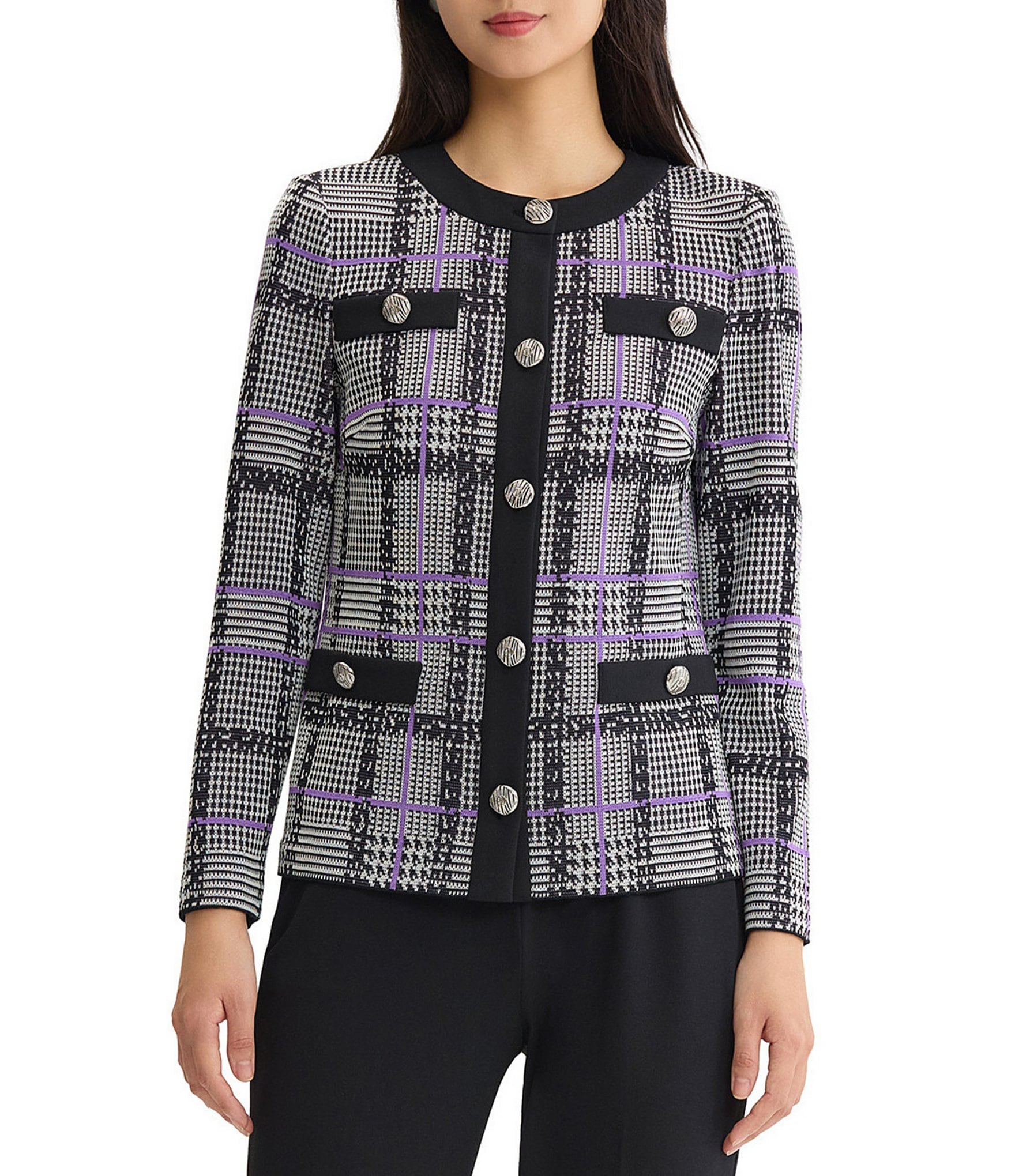 Ming Wang Plaid Tweed Knit Round Neck Long Sleeve Button-Front Jacket