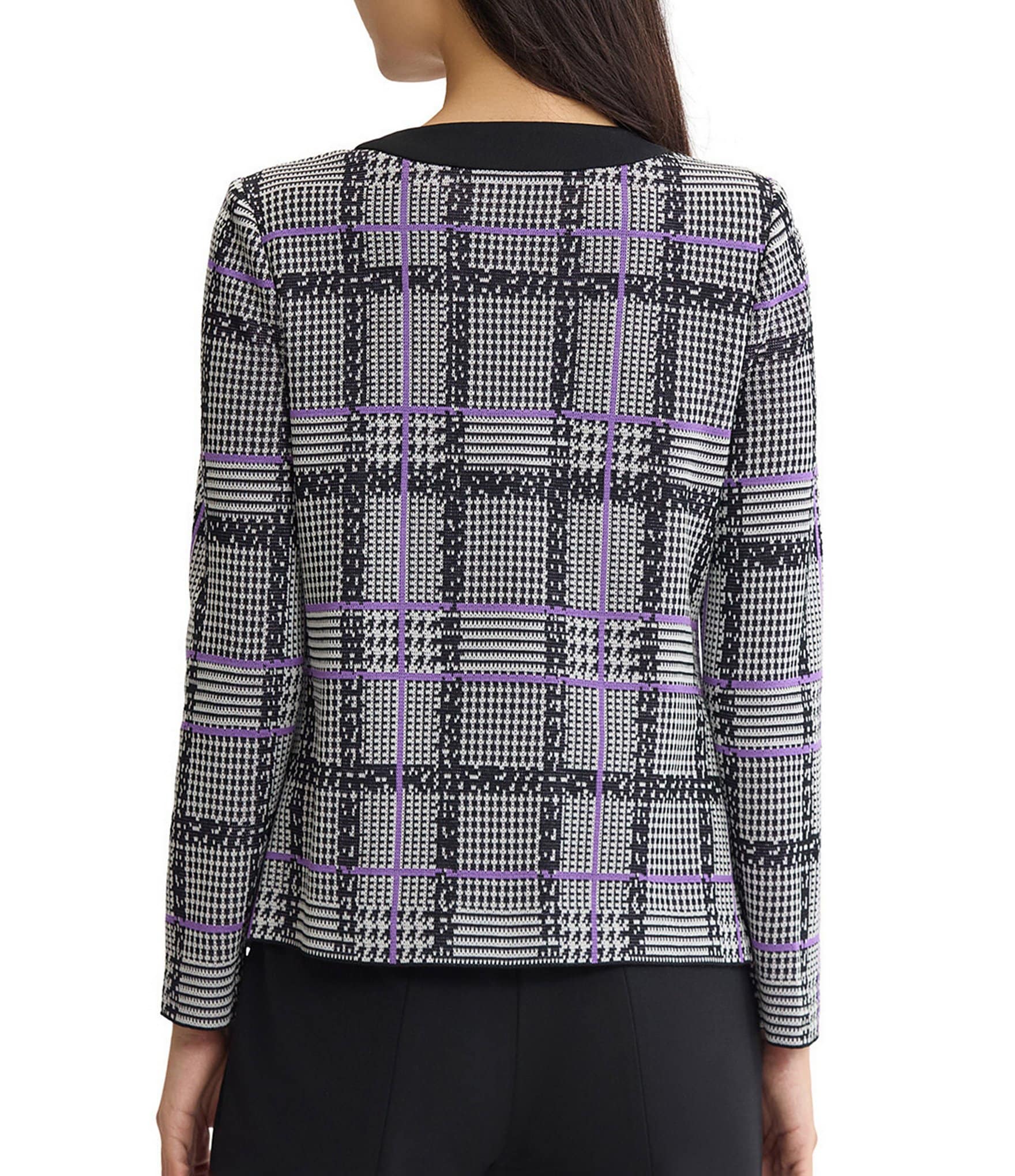 Ming Wang Plaid Tweed Knit Round Neck Long Sleeve Button-Front Jacket