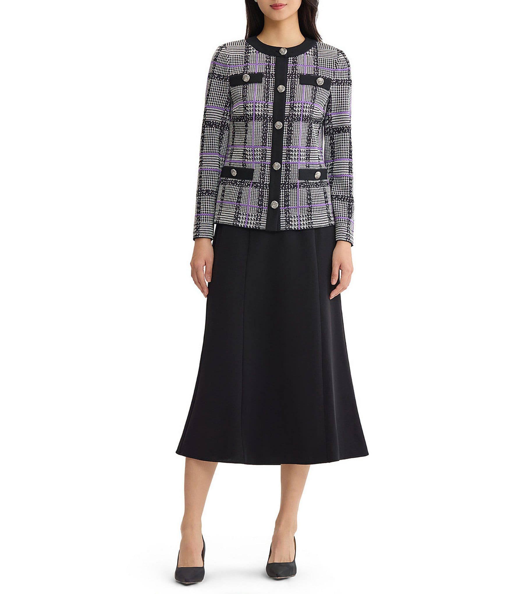 Ming Wang Plaid Tweed Knit Round Neck Long Sleeve Button-Front Jacket