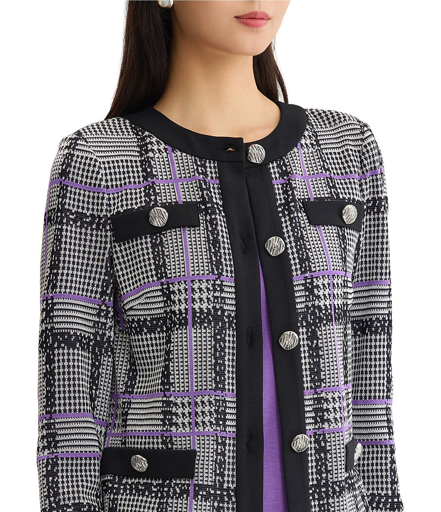 Ming Wang Plaid Tweed Knit Round Neck Long Sleeve Button-Front Jacket