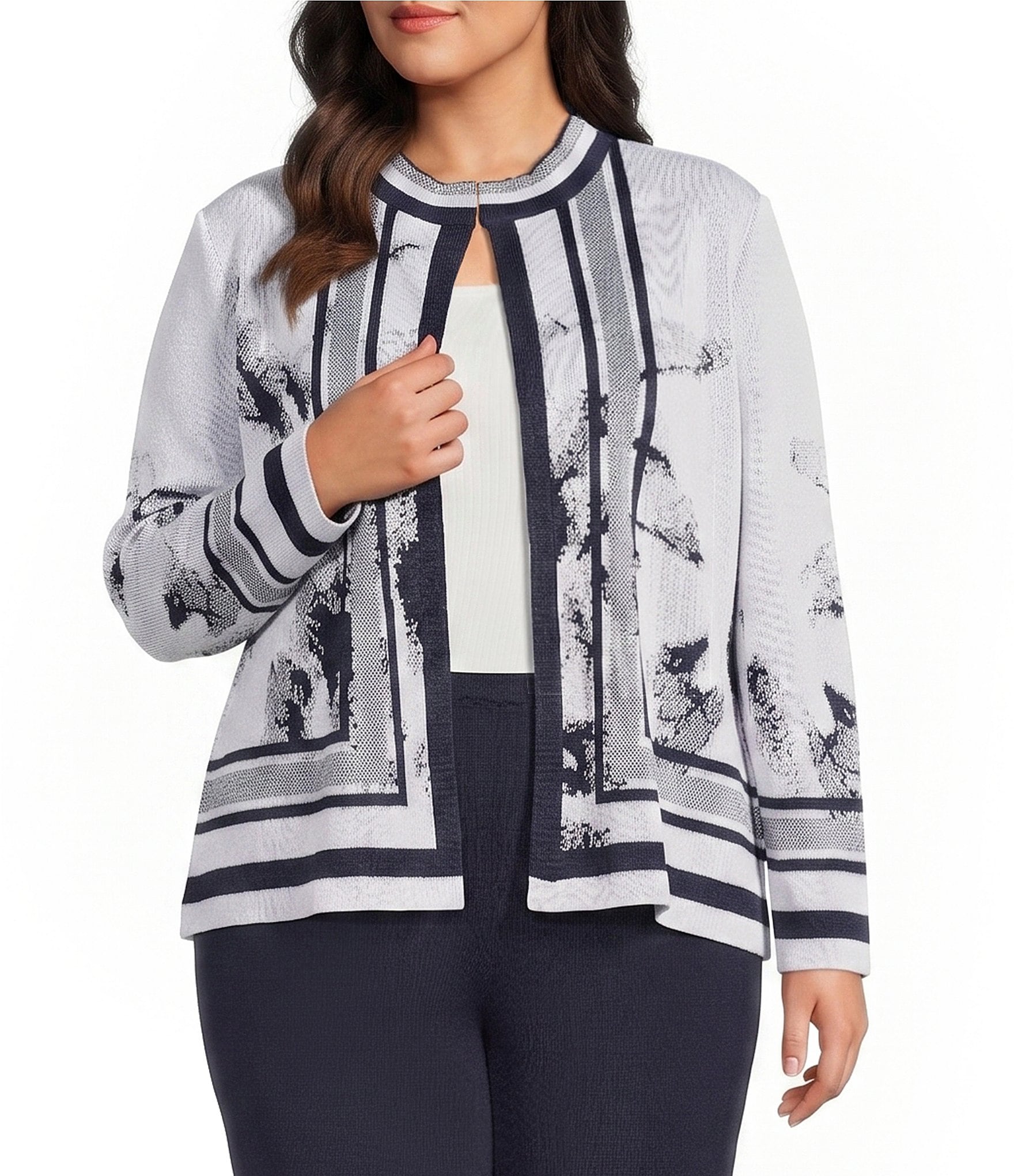 Ming Wang Plus Abstract Two-Tone Knit Stand Collar Long Sleeve Jacket