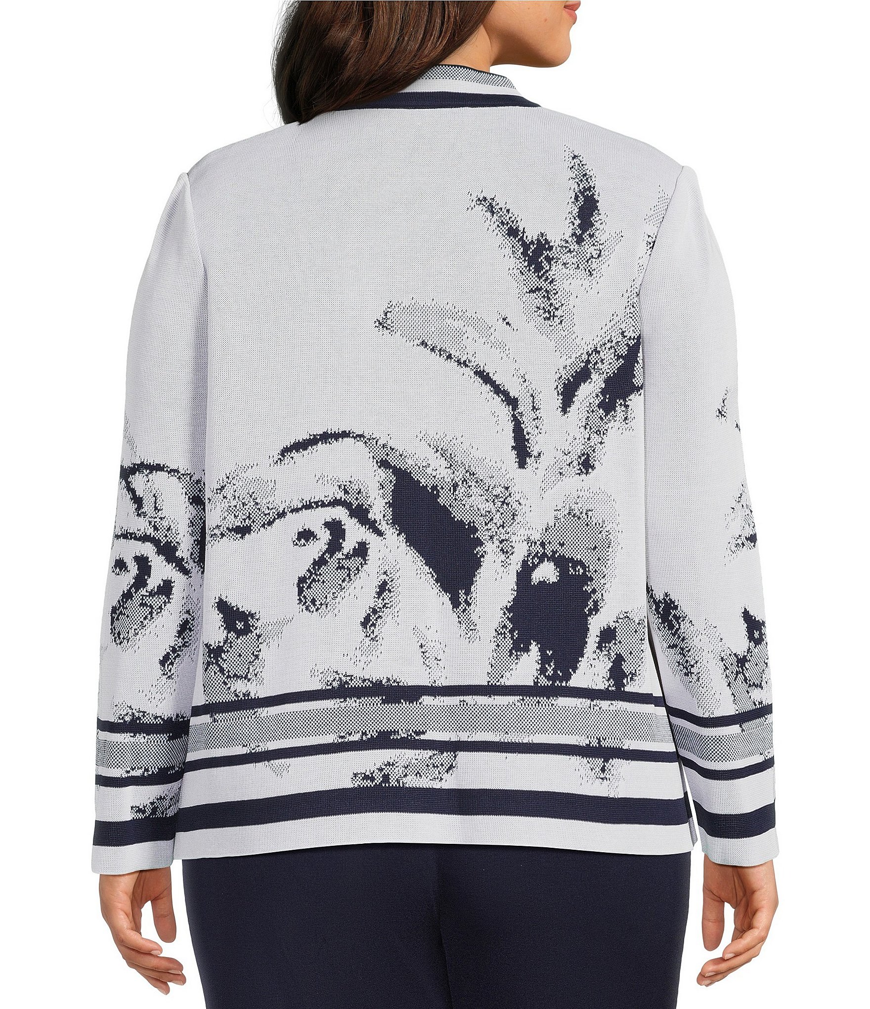 Ming Wang Plus Abstract Two-Tone Knit Stand Collar Long Sleeve Jacket