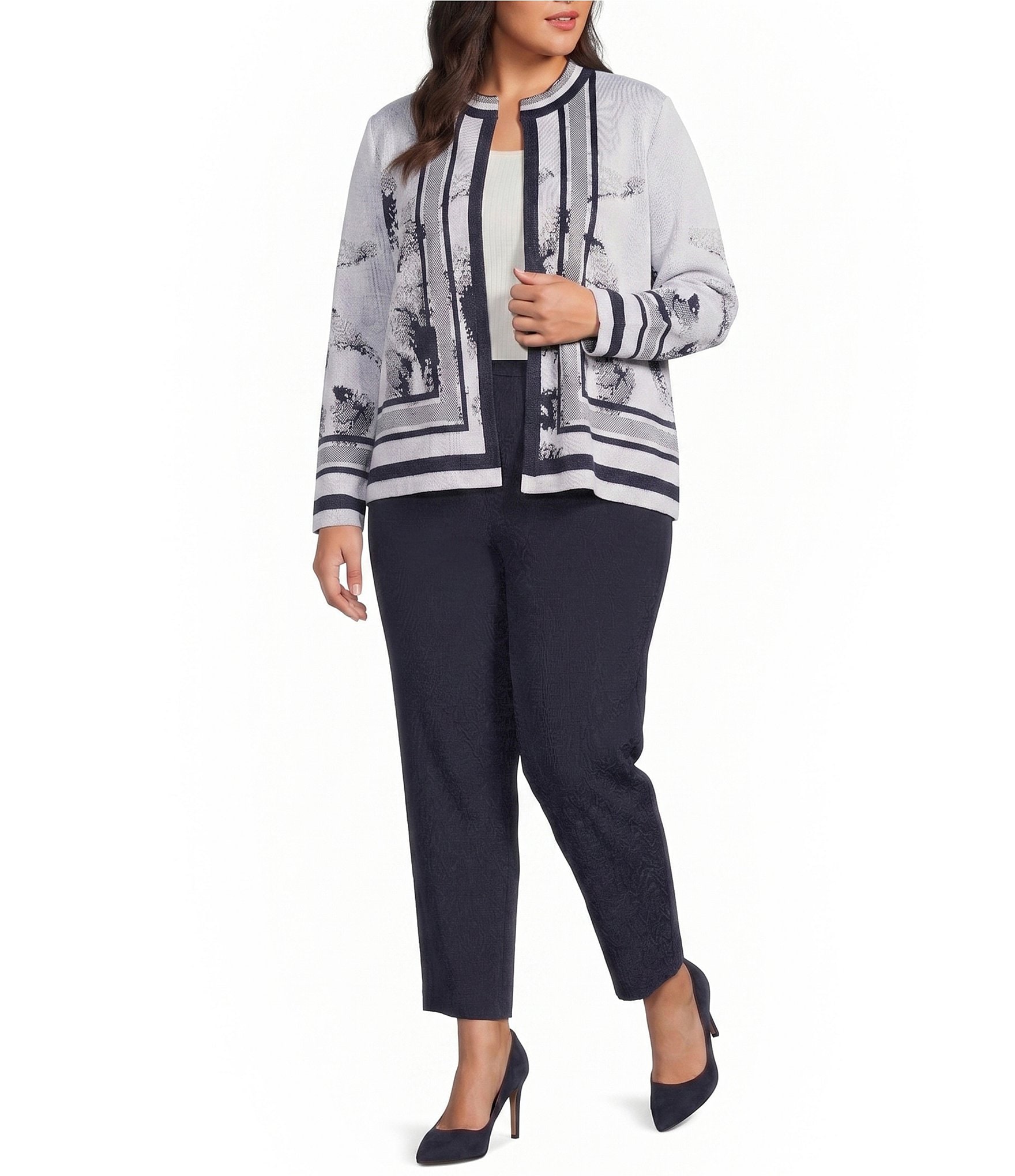 Ming Wang Plus Abstract Two-Tone Knit Stand Collar Long Sleeve Jacket