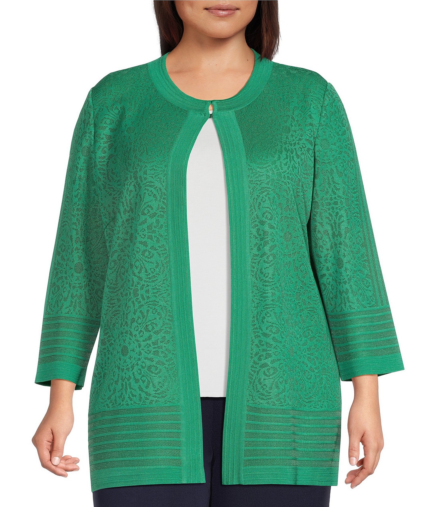 Ming Wang Plus Size Burnout Medallion Knit Round Neck Bracelet Sleeve Jacket