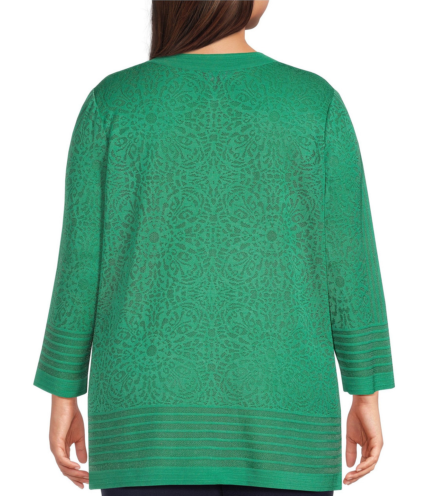 Ming Wang Plus Size Burnout Medallion Knit Round Neck Bracelet Sleeve Jacket