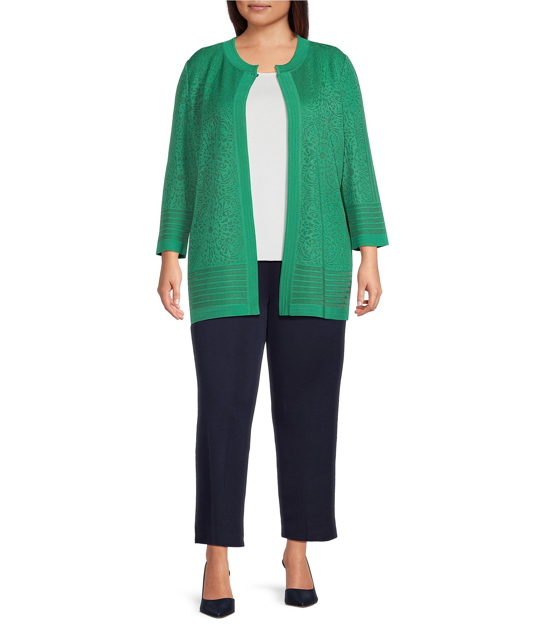 Ming Wang Plus Size Burnout Medallion Knit Round Neck Bracelet Sleeve Jacket