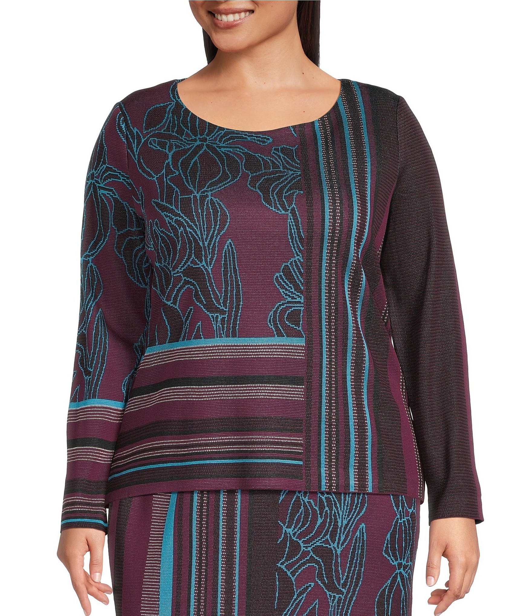 Ming Wang Plus Size Coordinating Multi-Pattern Jacquard Floral Stripe Soft Knit Boat Neck Long Sleeve Top