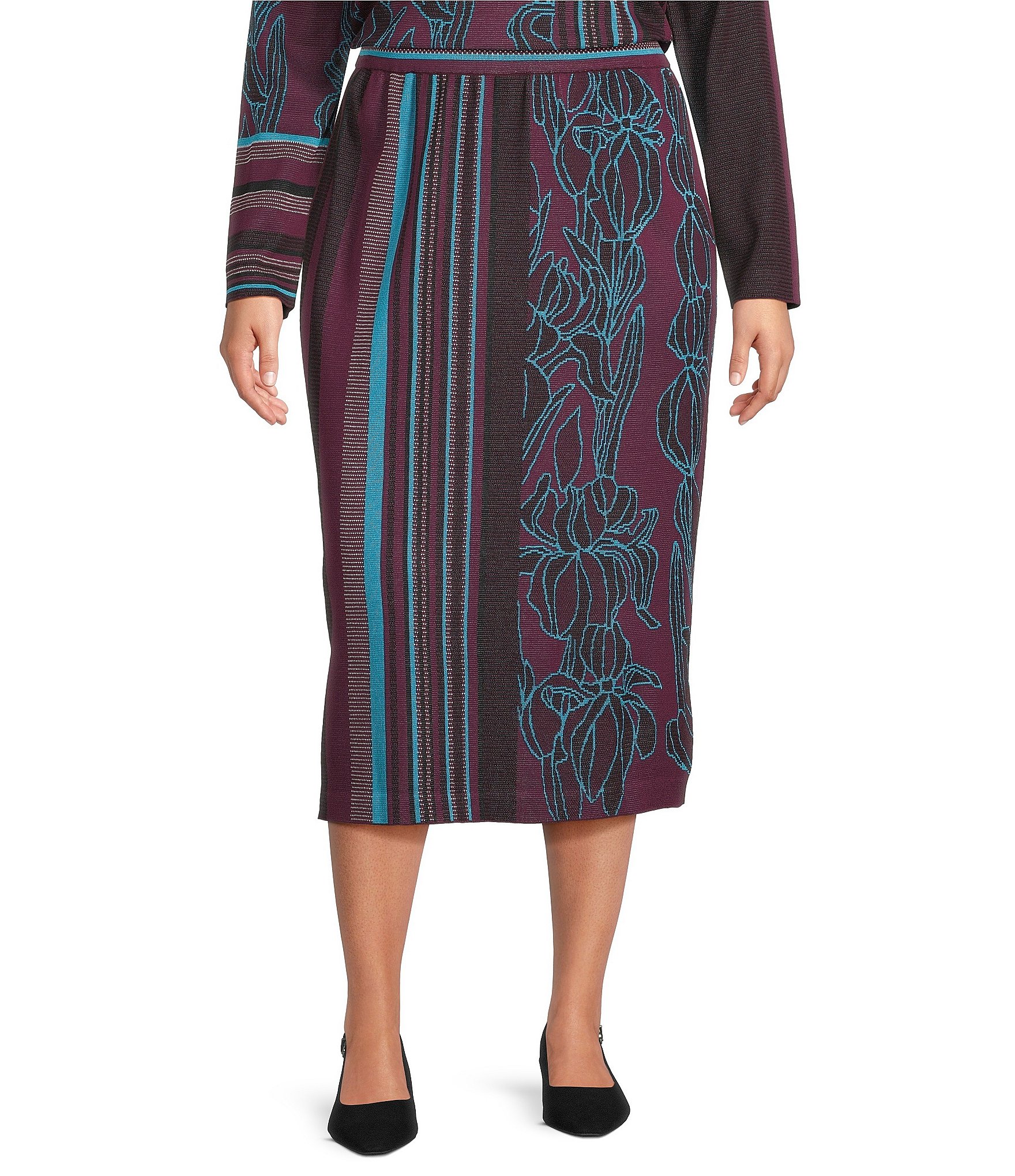 Ming Wang Plus Size Coordinating Multi-Pattern Jacquard Floral Stripe Soft Knit Straight Midi Skirt