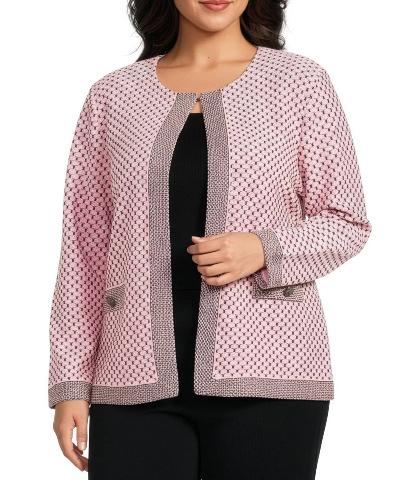 Ming Wang Plus Size Coordinating Shell Stitch Crew Neck Long Sleeve Jacket