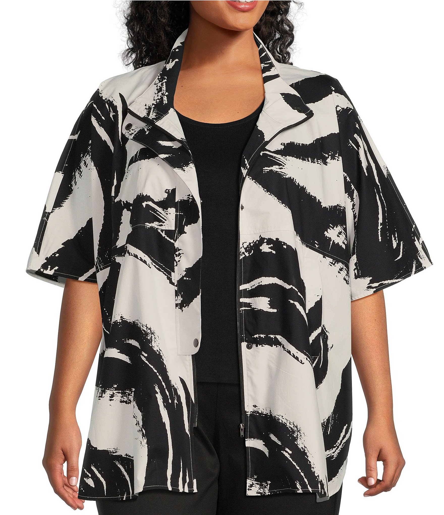 Ming Wang Plus Size Cotton Blend Woven Abstract Print Mock Neck Open ...