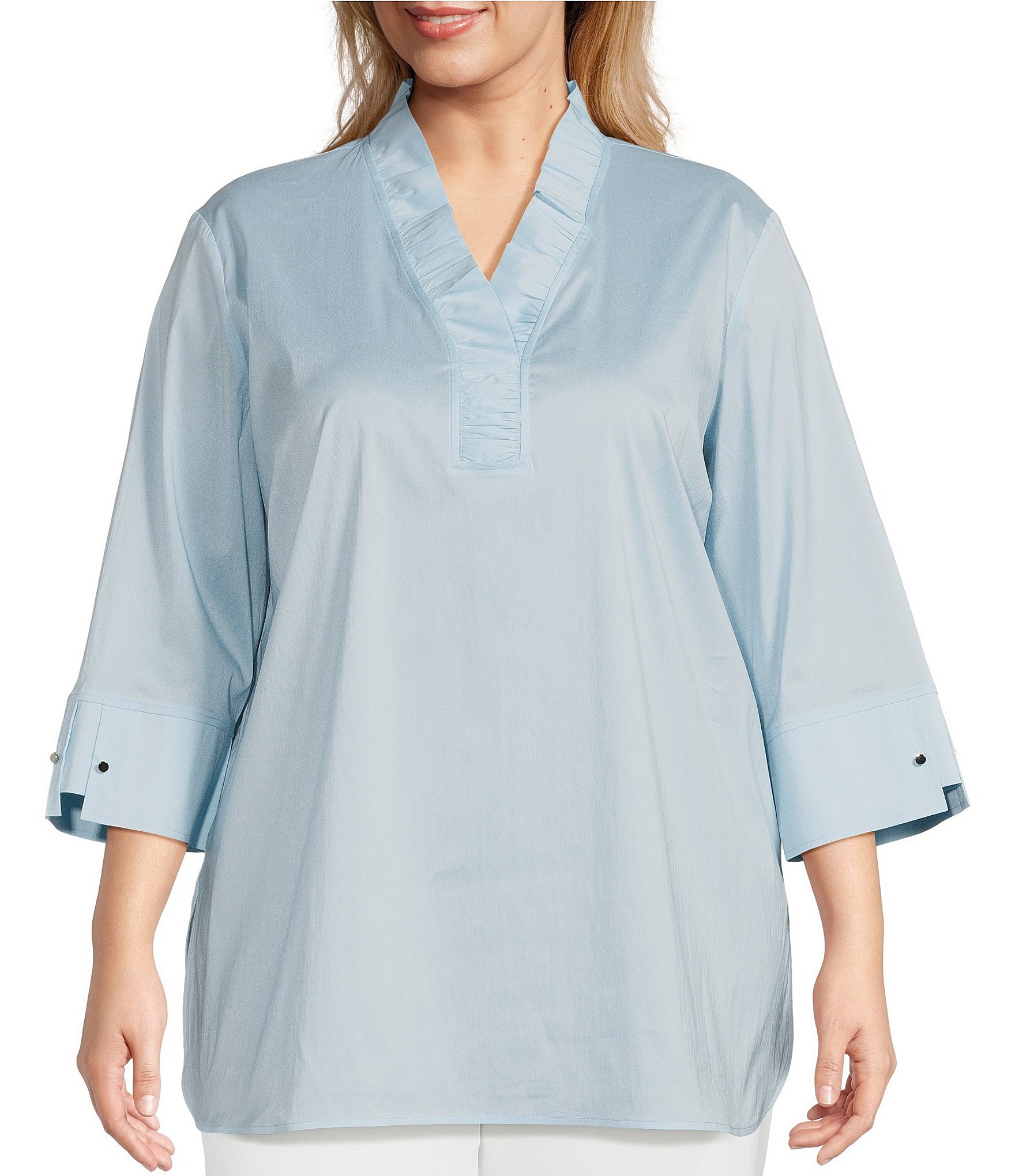 Ming Wang Lace Trim 3/4 Sleeve Mandarin Collar Shirt | Dillard's