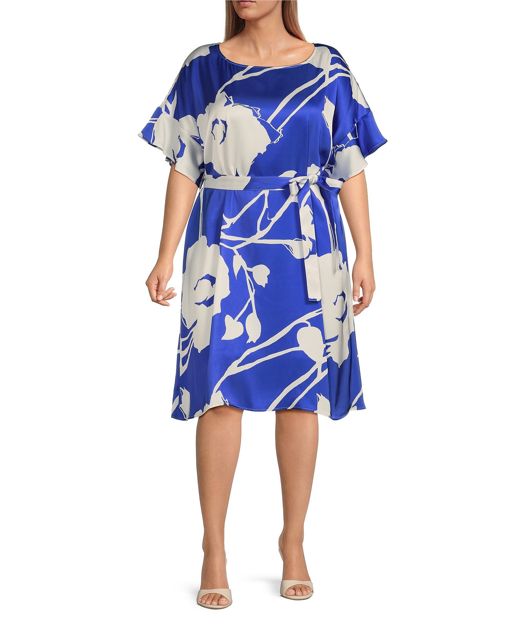 Ming Wang Plus Size Crepe de Chine Boat Neck Short Ruffle Sleeve Belted Shift Dress Dillard s