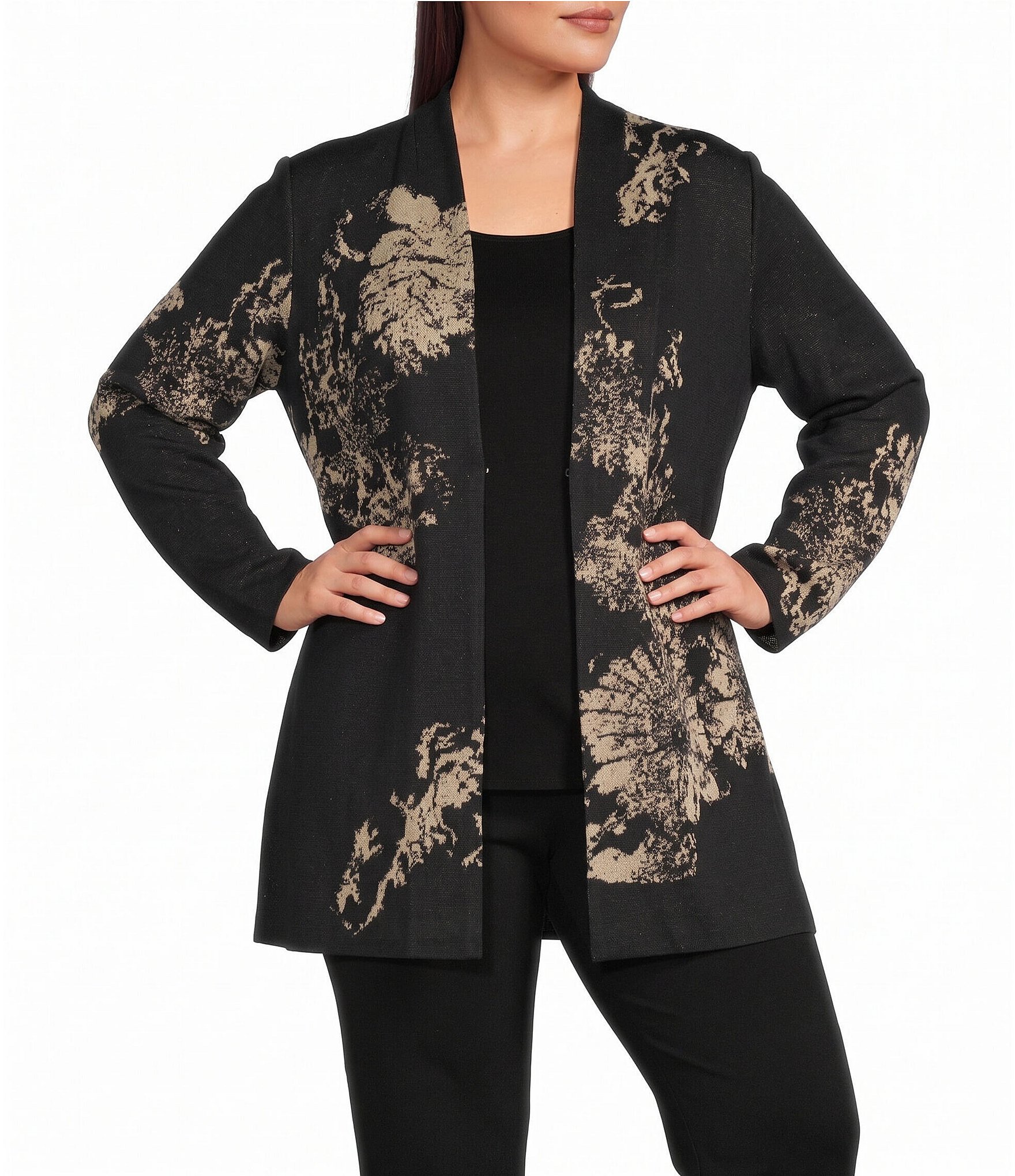 Ming Wang Plus Size Jacquard Floral Lurex Knit Long Sleeve Jacket