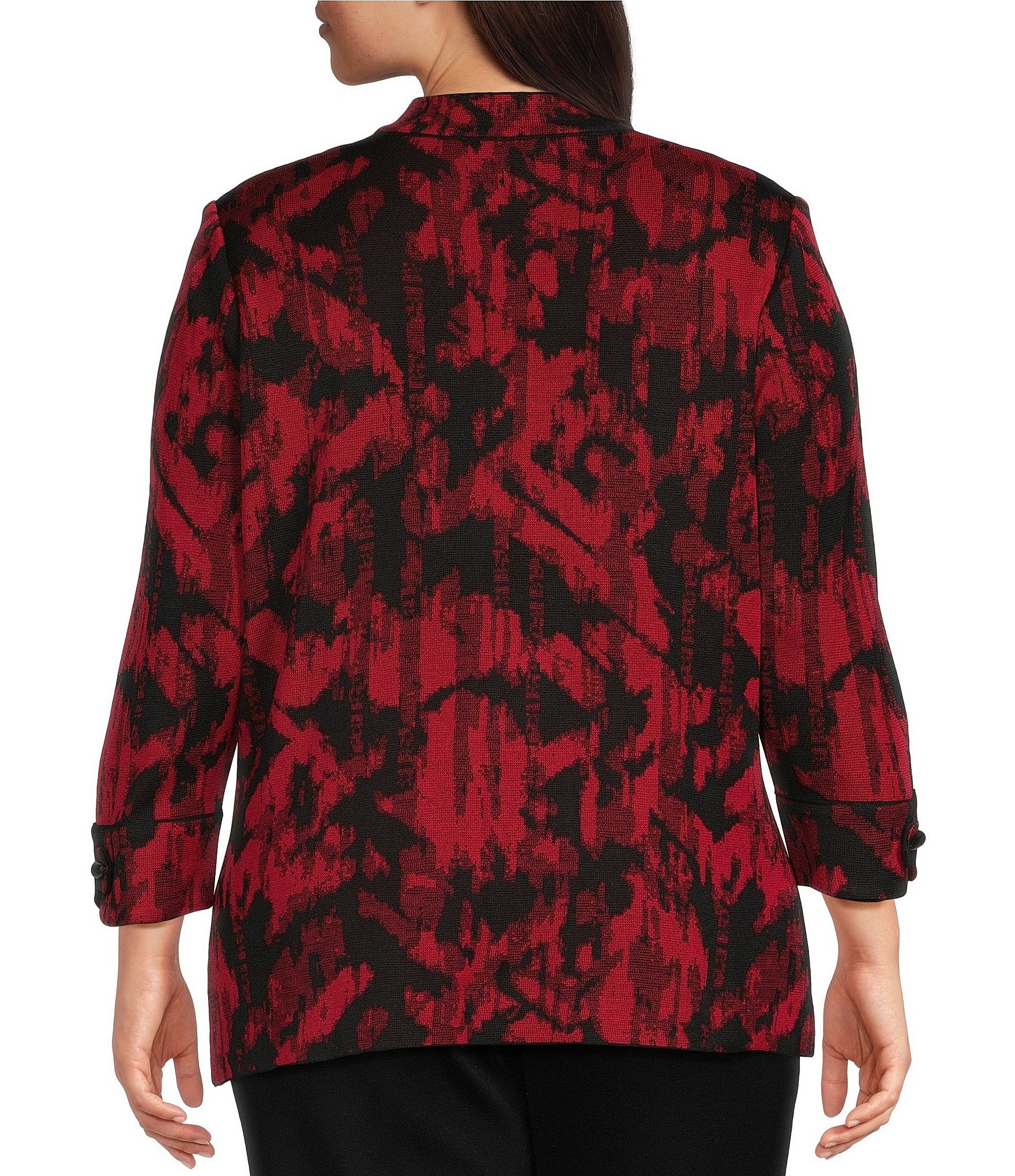 Ming Wang Plus Size Jacquard Knit Abstract Stand Collar Bracelet Sleeve Single Button-Front Jacket