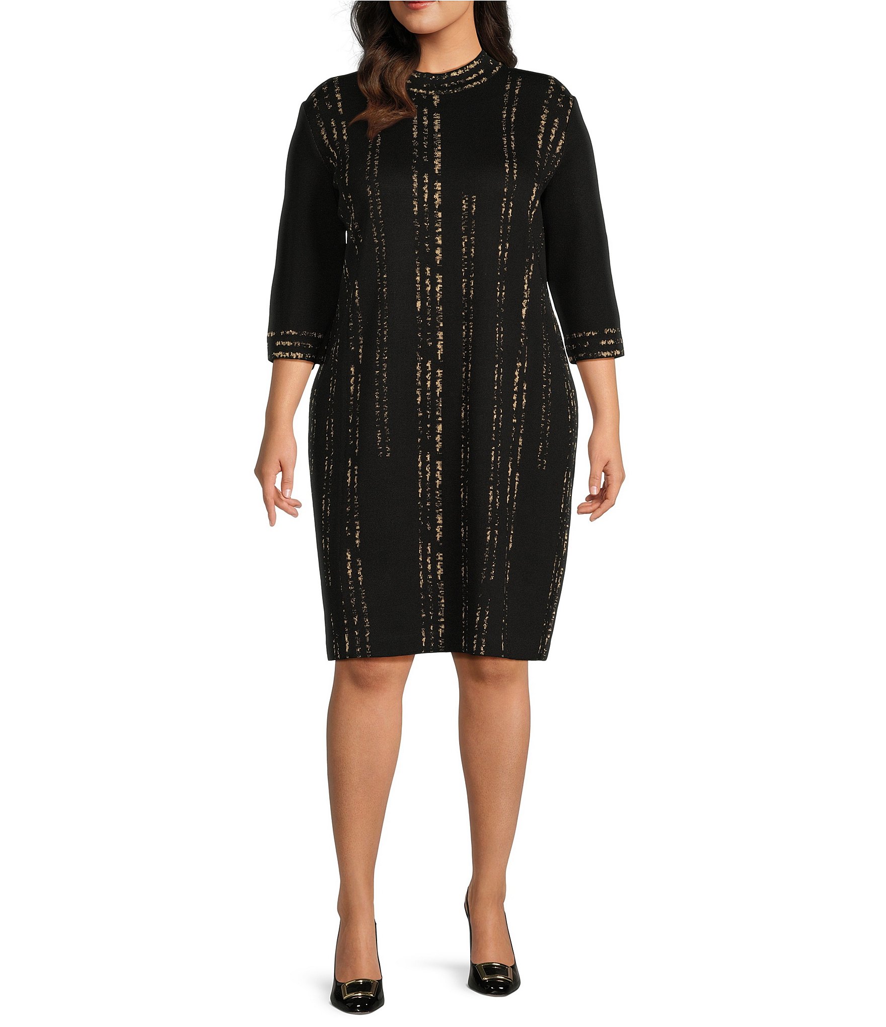 Ming Wang Plus Size Lurex Soft Knit Metallic Shimmering Turtleneck 3/4 Sleeve Sheath Dress