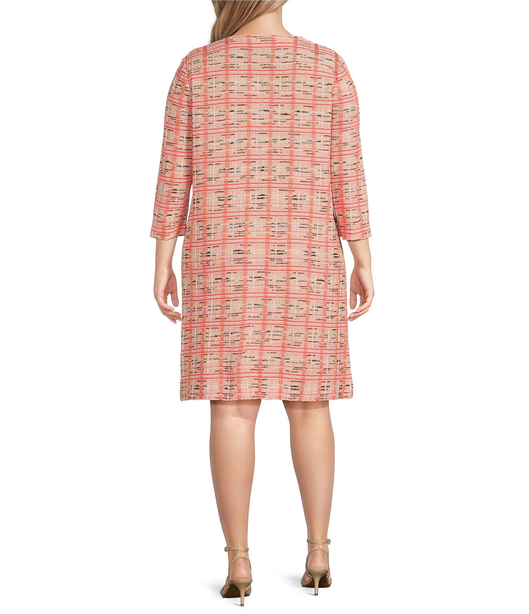 Ming Wang Plus Size Multi Plaid Split V-Neck 3/4 Sleeve Sheath Dress