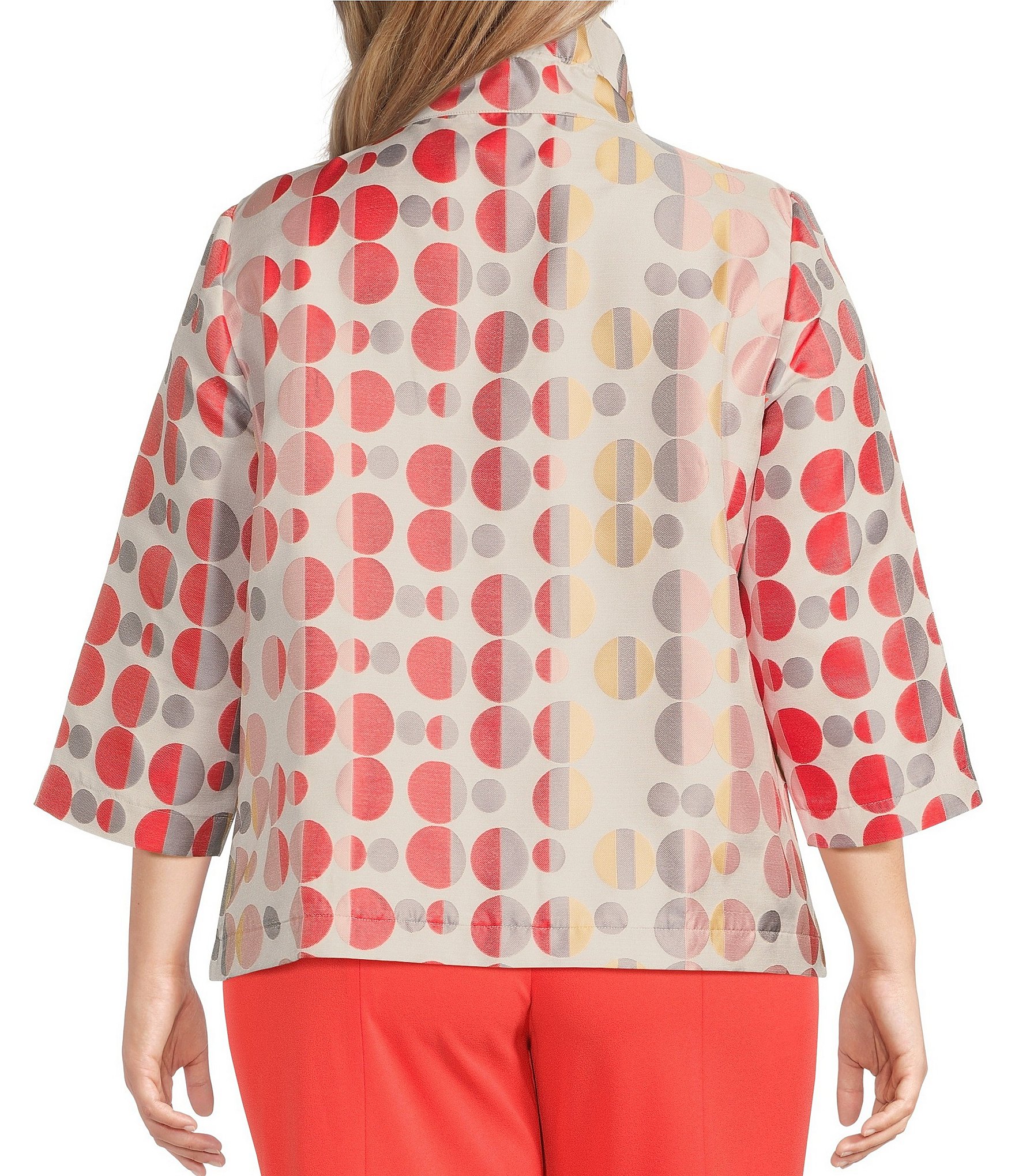 Ming Wang Plus Size Novelty Woven Jacquard Polka Dot Stand Collar 3/4 Sleeve Coordinating Jacket