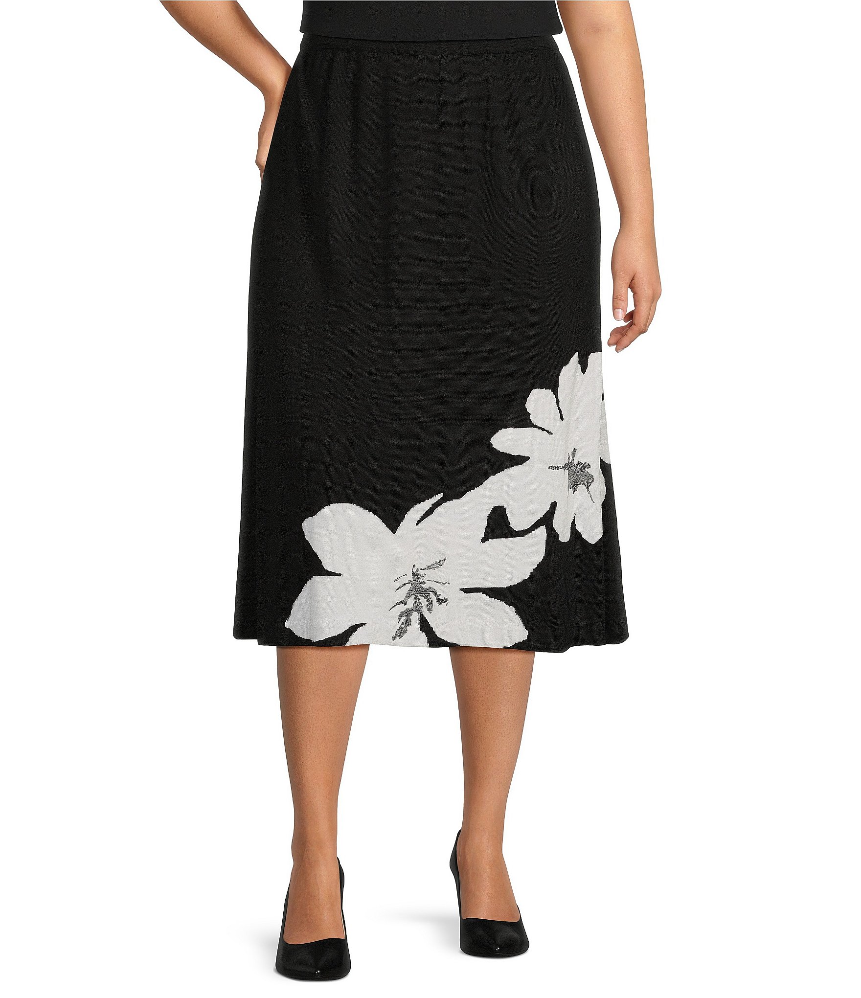Ming Wang Plus Size Soft Knit Floral Elastic A-Line Midi Skirt Dillard's