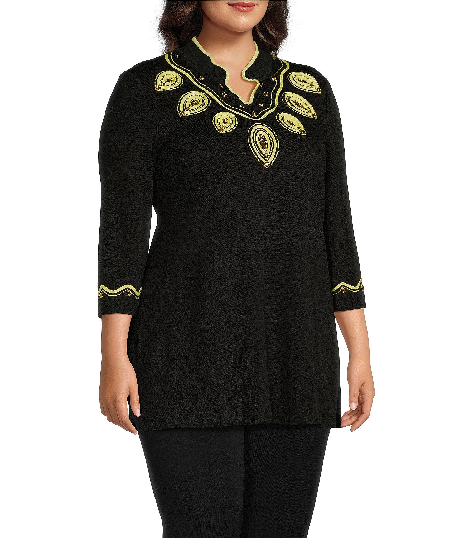 Ming Wang Plus Size Soutache Trim Split Mandarin 3/4 Sleeve Jeweled Trim Side Slit Tunic