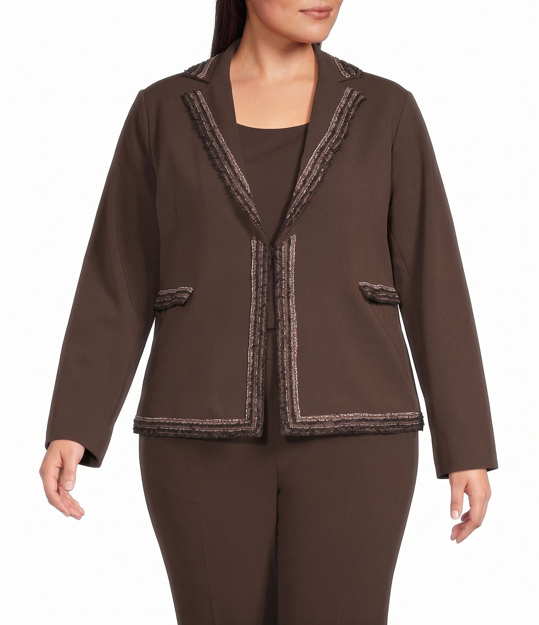 Ming Wang Plus Size Stretch Deco Crepe Knit Notch Lapel Long Sleeve Jacket