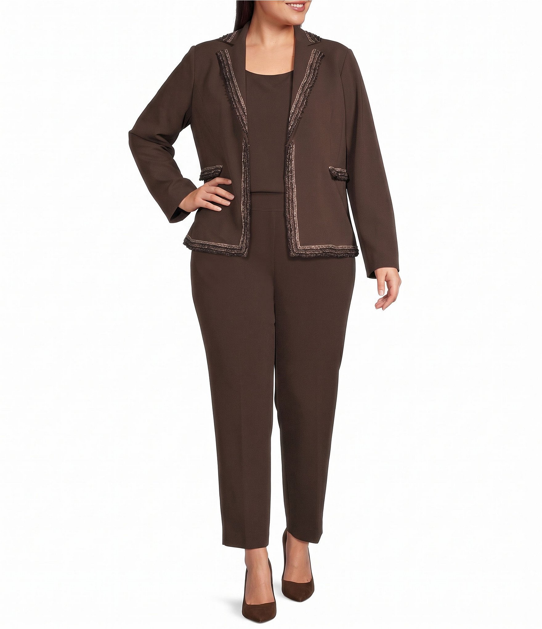 Ming Wang Plus Size Stretch Deco Crepe Knit Notch Lapel Long Sleeve Jacket