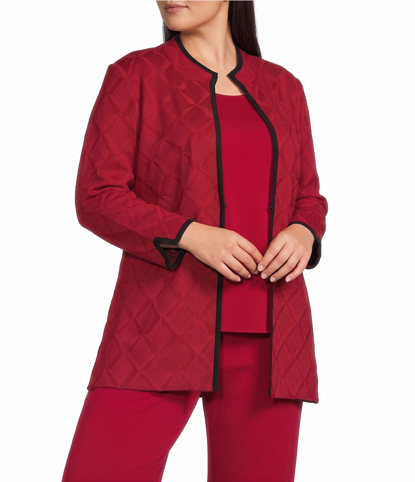 Ming Wang Plus Size Wrinkle-Resistant High Round Neck Bracelet Sleeve Contrast Trim Jacket