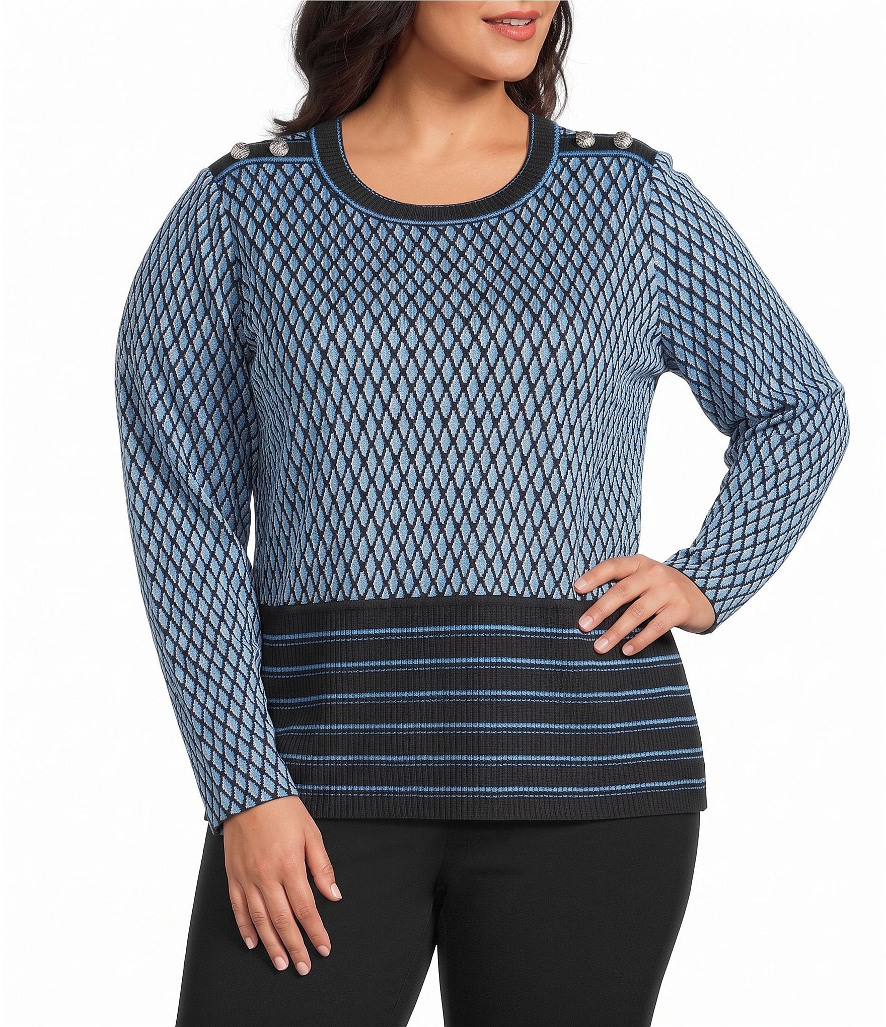 Ming Wang Plus Size Wrinkle-Resistant Ribbed Knit Diamond Striped Crew Neck Long Sleeve Top