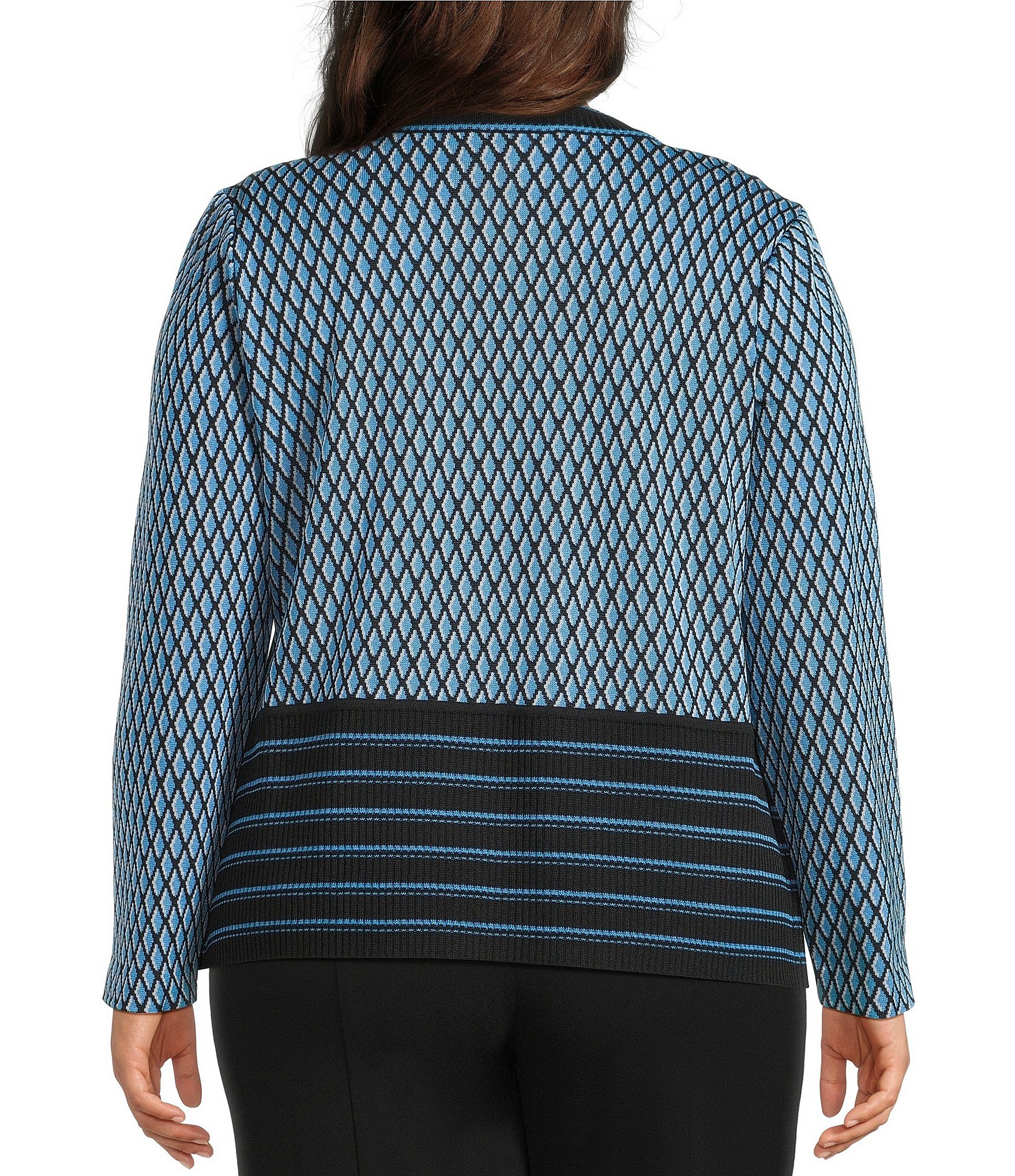Ming Wang Plus Size Wrinkle-Resistant Ribbed Knit Diamond Striped Crew Neck Long Sleeve Top