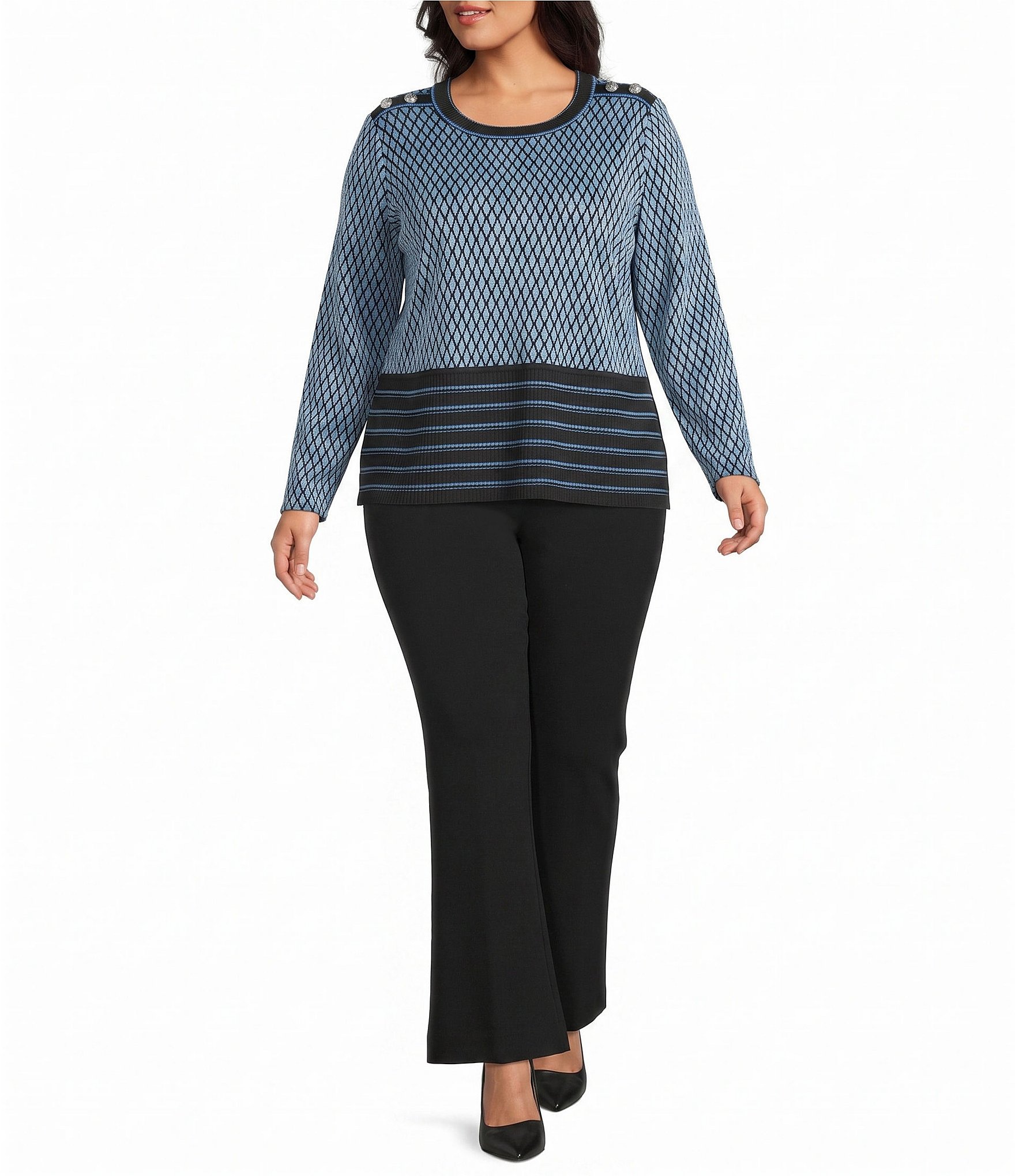 Ming Wang Plus Size Wrinkle-Resistant Ribbed Knit Diamond Striped Crew Neck Long Sleeve Top