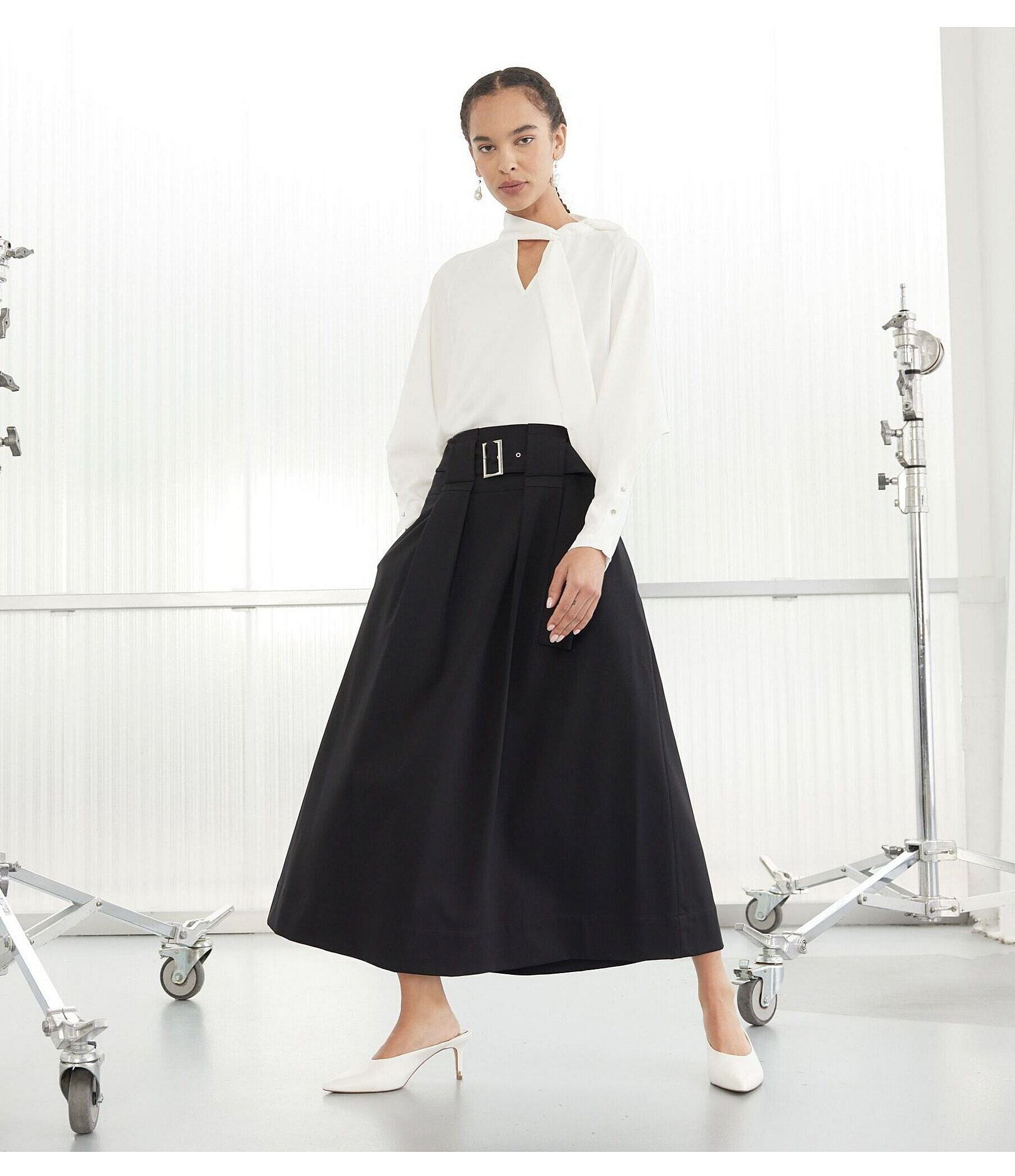 Ming Wang Ponte Belted Midi A-Line Skirt