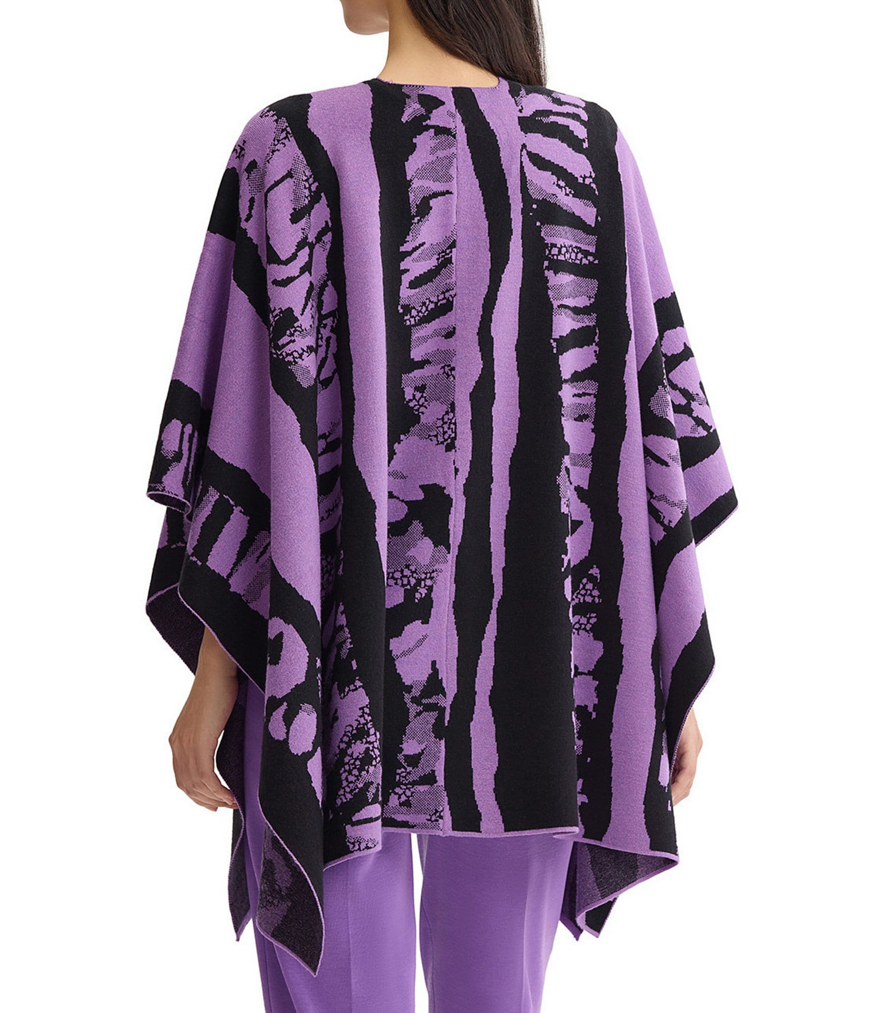 Ming Wang Printed Cozy Knit Open-Front Poncho Wrap