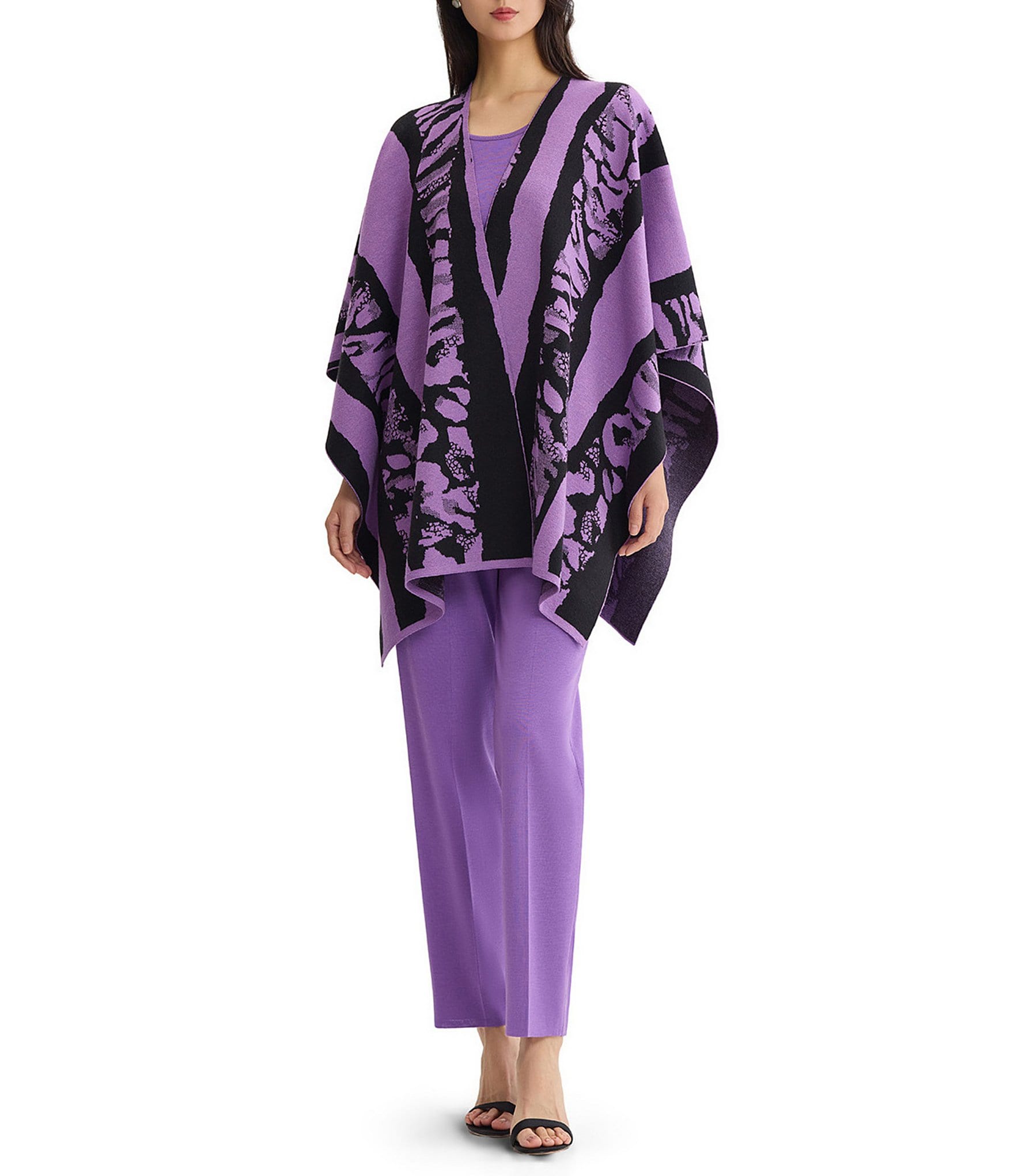 Ming Wang Printed Cozy Knit Open-Front Poncho Wrap