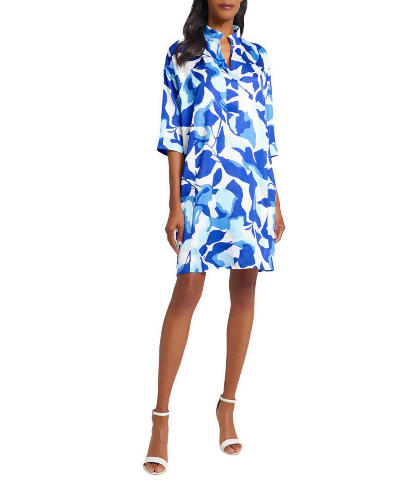 Ming Wang Printed Crepe De Chine Split Collar Elbow Sleeve Dress