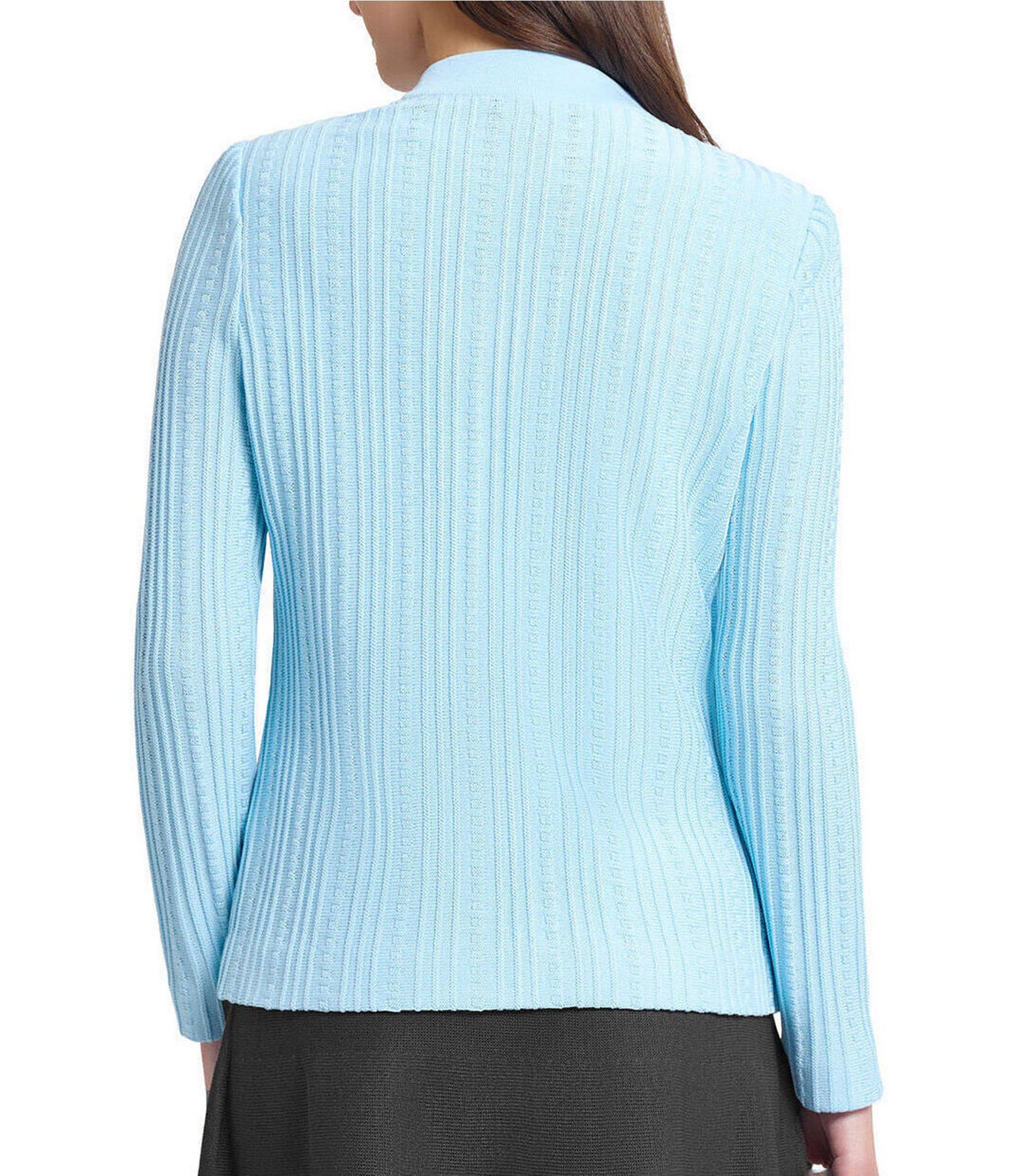Ming Wang Ribbed Knit High V-Neck Long Sleeve Cardigan