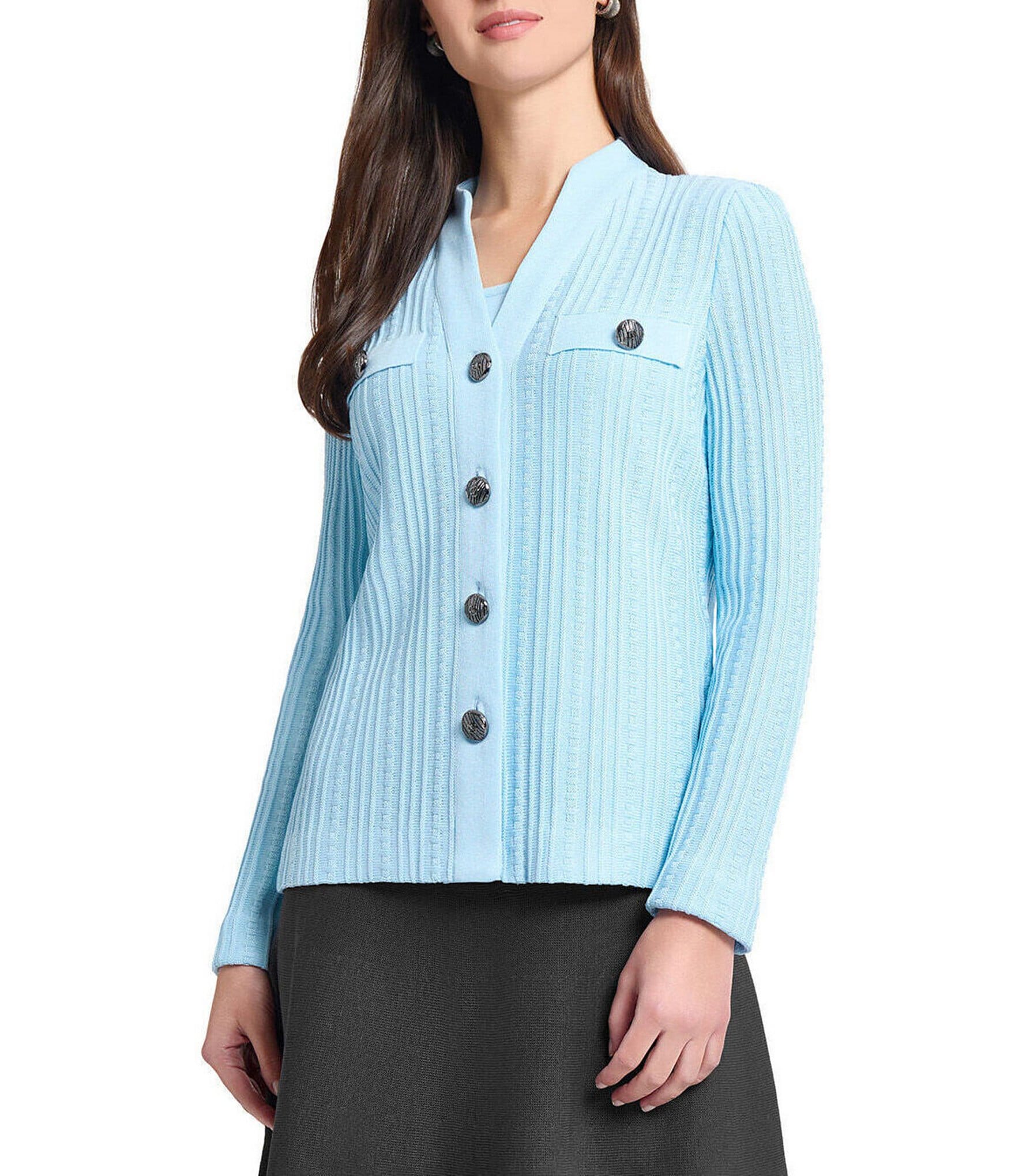 Ming Wang Ribbed Knit High V-Neck Long Sleeve Cardigan