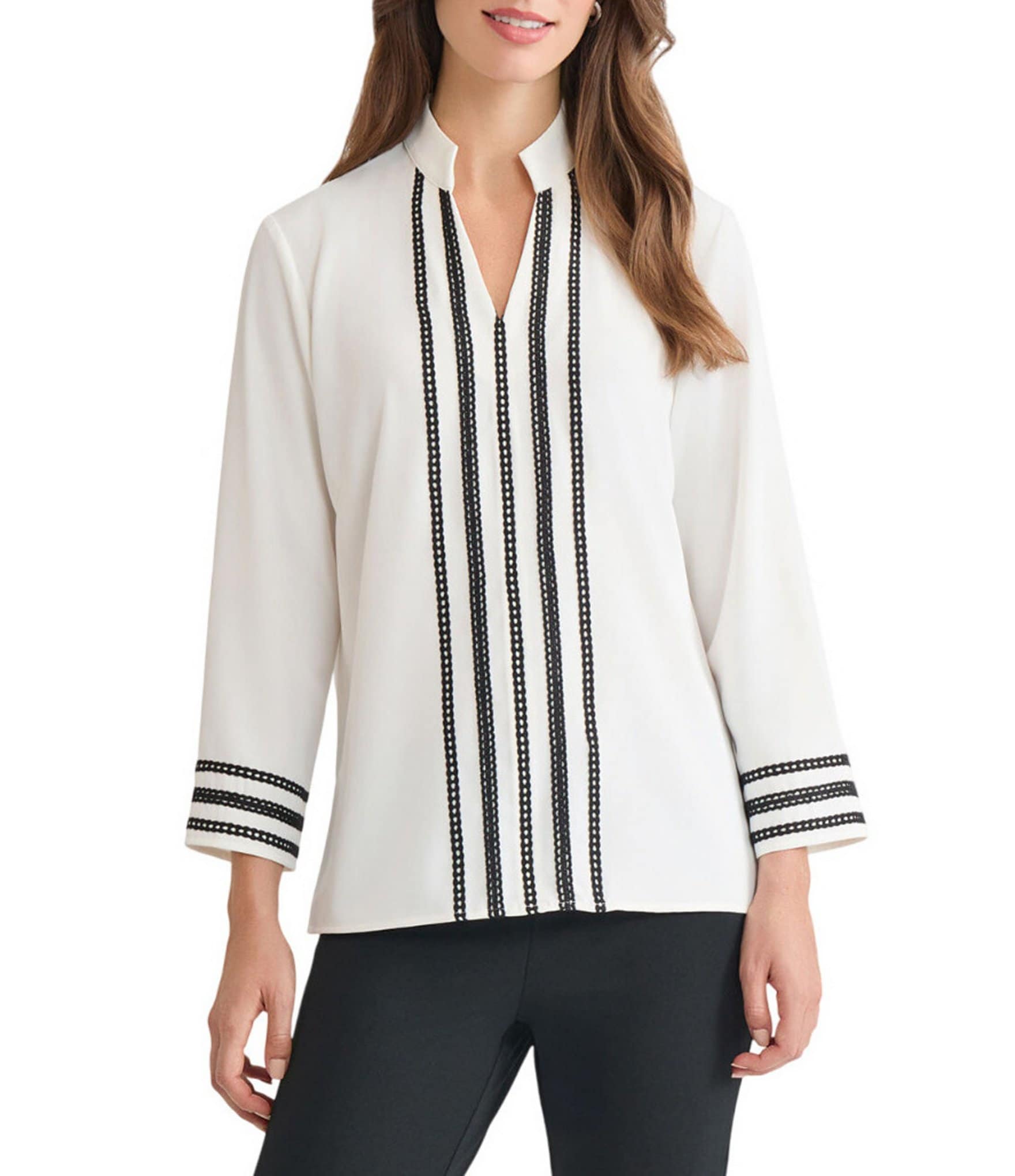 Ming Wang Ribbon Trim Crepe De Chine Mandarin V-Neck Bracelet Sleeve Blouse