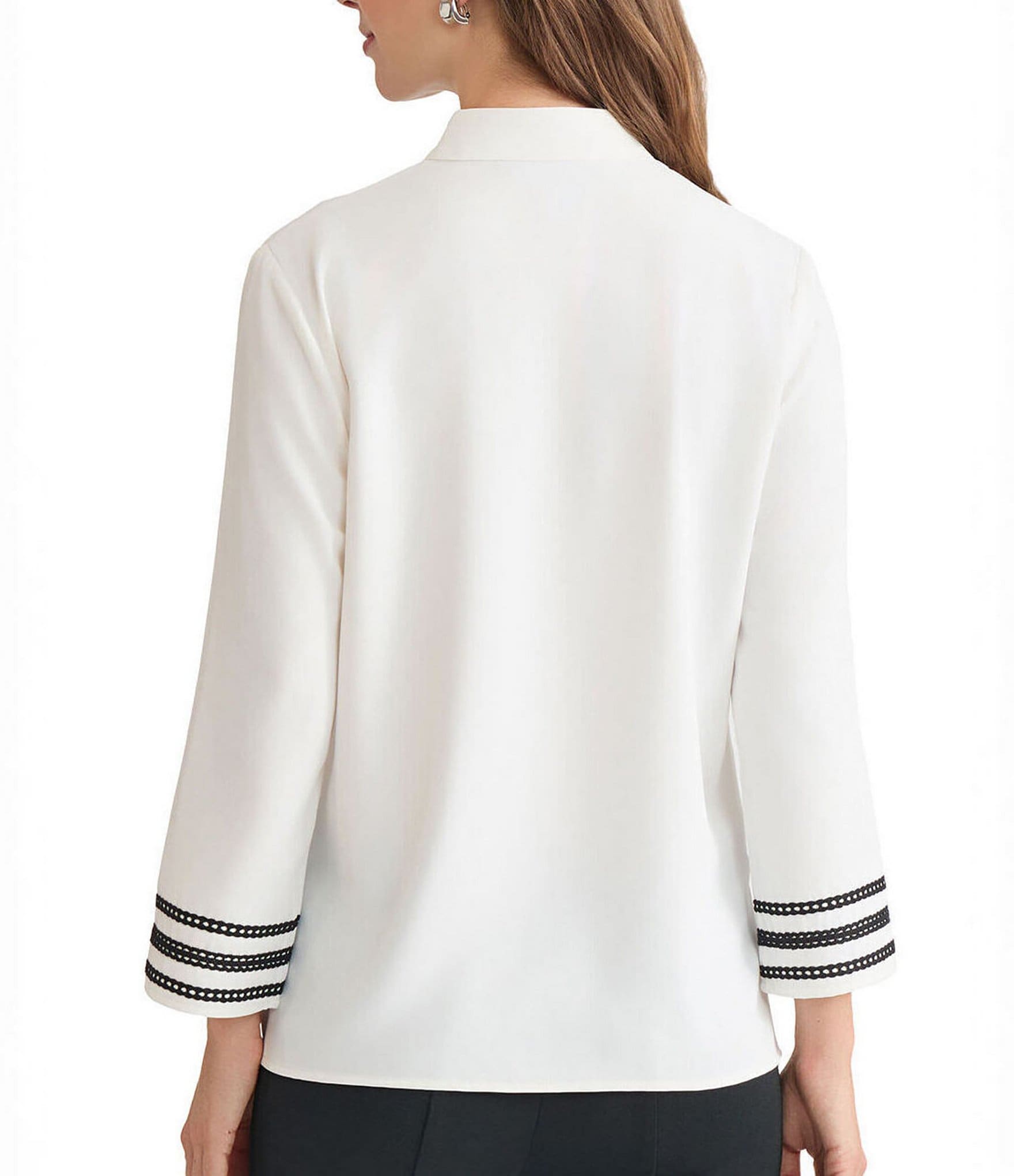 Ming Wang Ribbon Trim Crepe De Chine Mandarin V-Neck Bracelet Sleeve Blouse