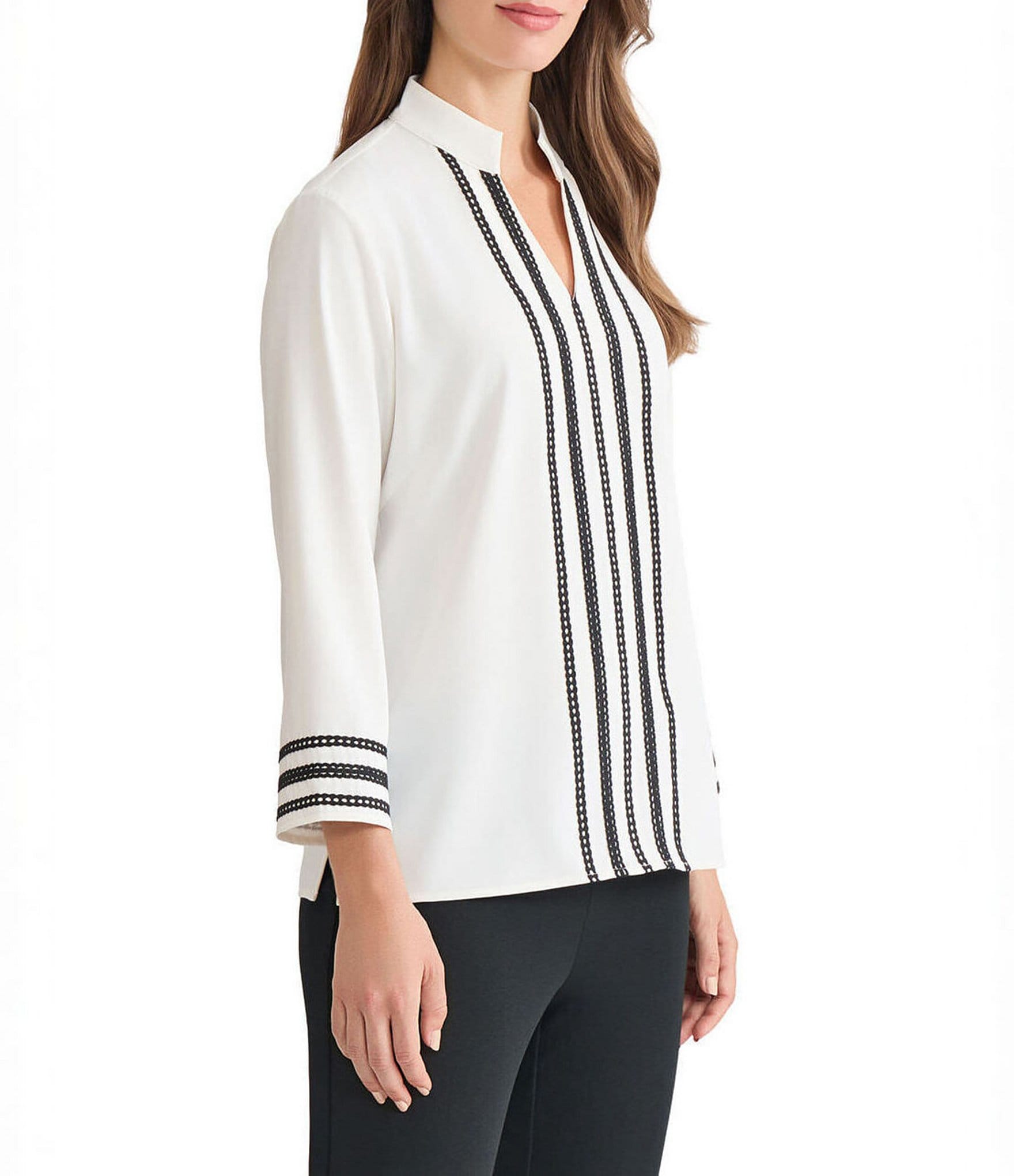 Ming Wang Ribbon Trim Crepe De Chine Mandarin V-Neck Bracelet Sleeve Blouse