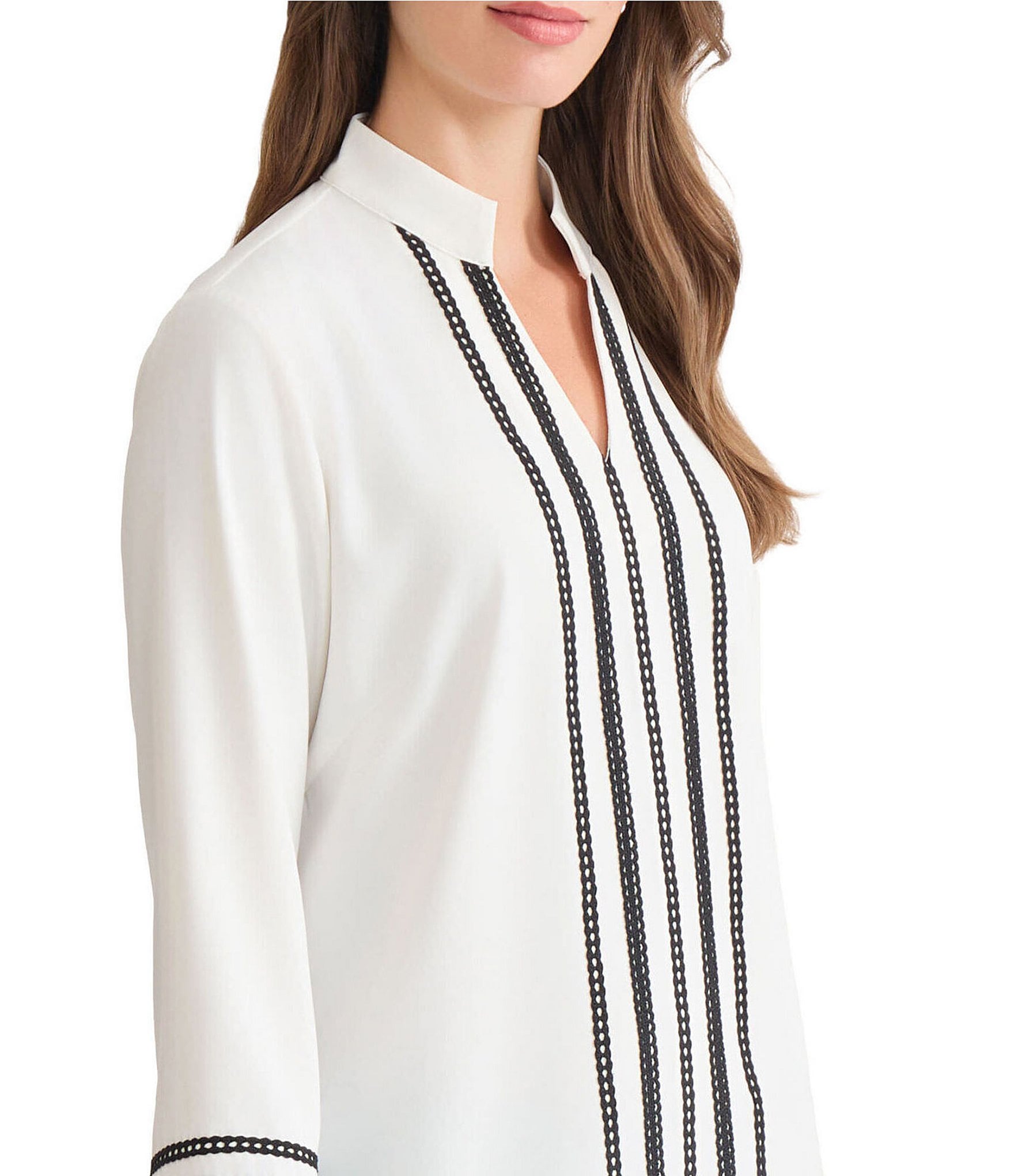 Ming Wang Ribbon Trim Crepe De Chine Mandarin V-Neck Bracelet Sleeve Blouse