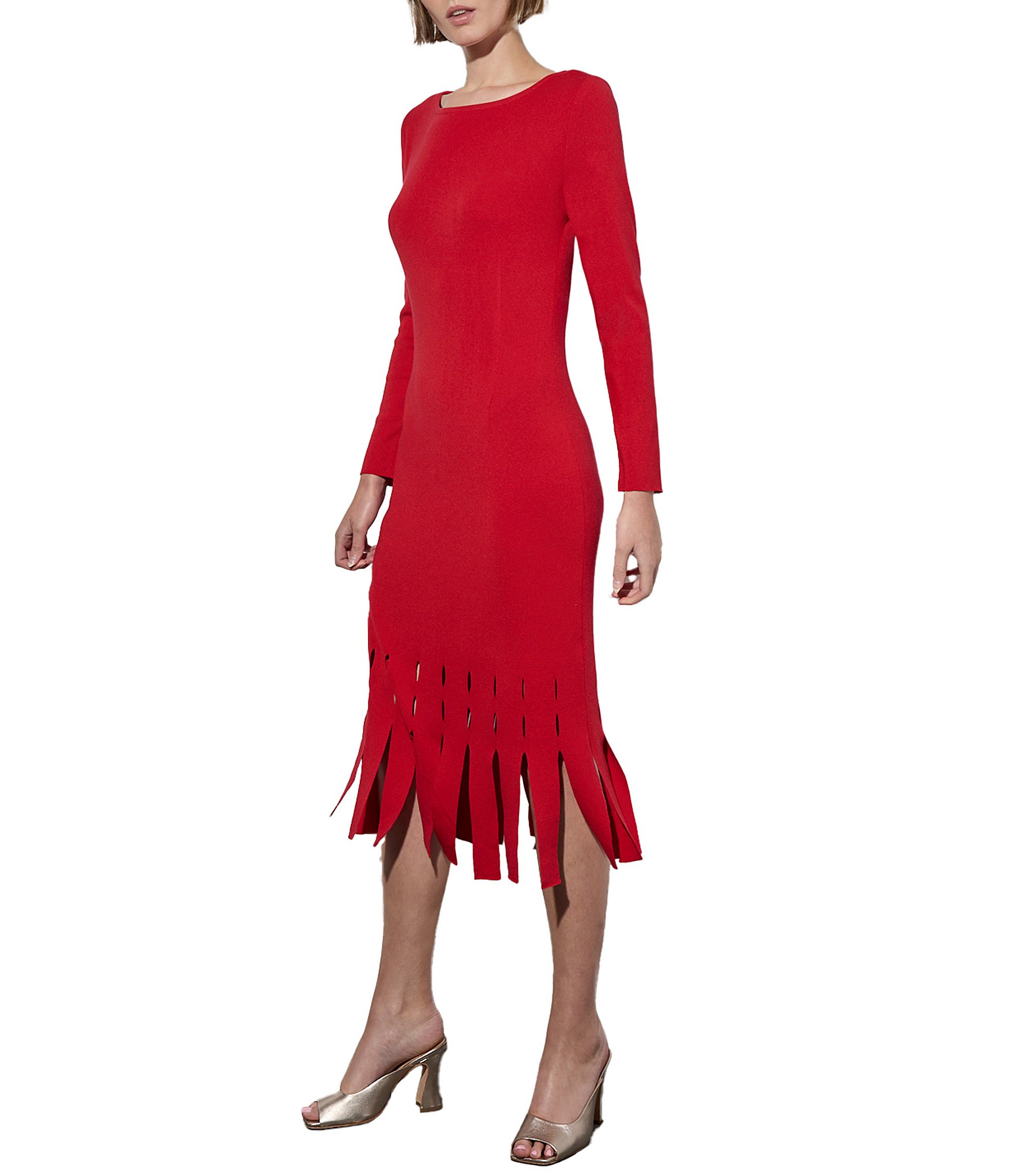 Ming Wang Soft Knit Boat Neck Long Sleeve Lacer Cut Fringe Hem Sheath Midi Dress