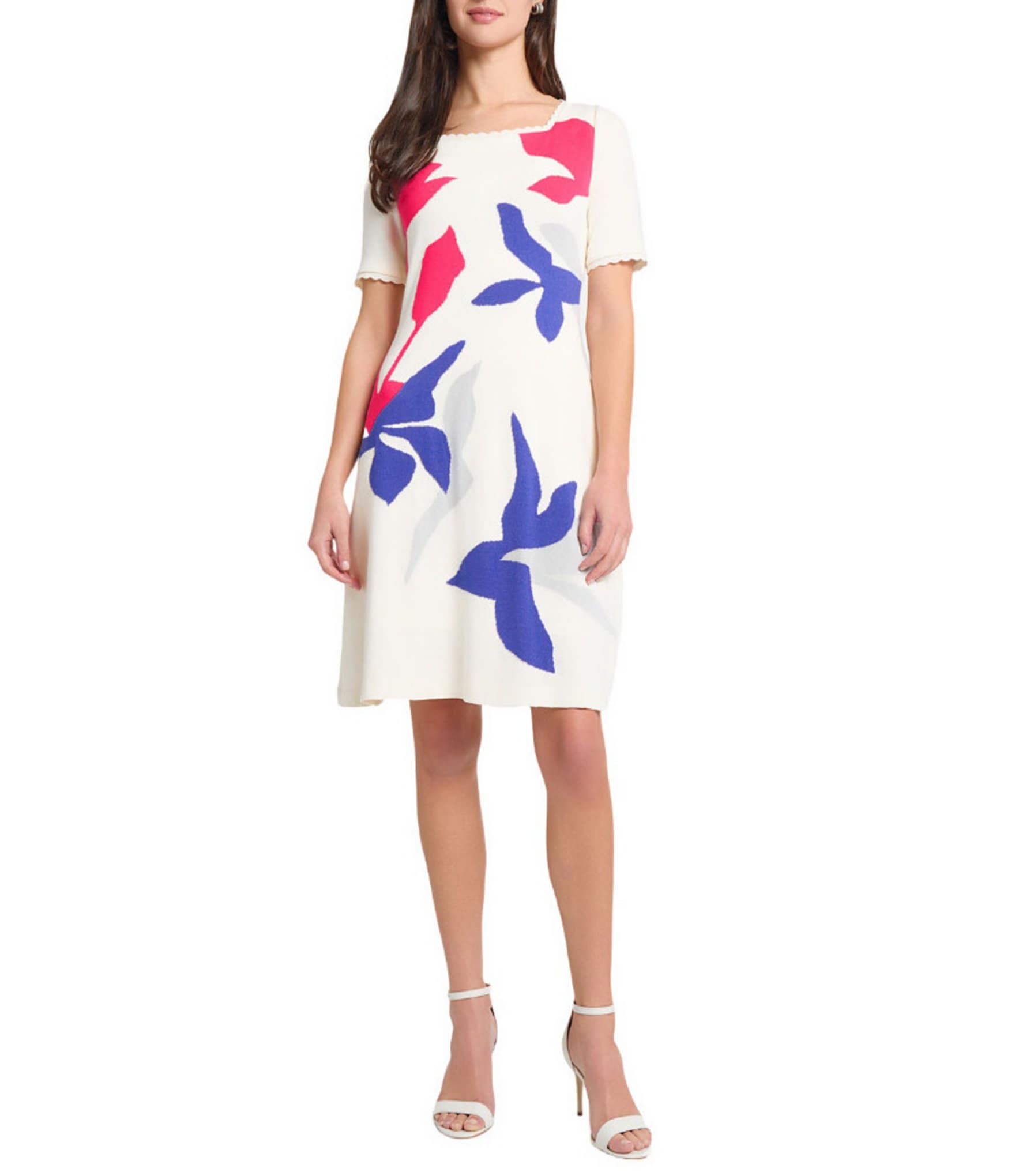 Ming Wang Soft Knit Floral Pattern Square Neck Short Sleeve Scallop Trim Dress