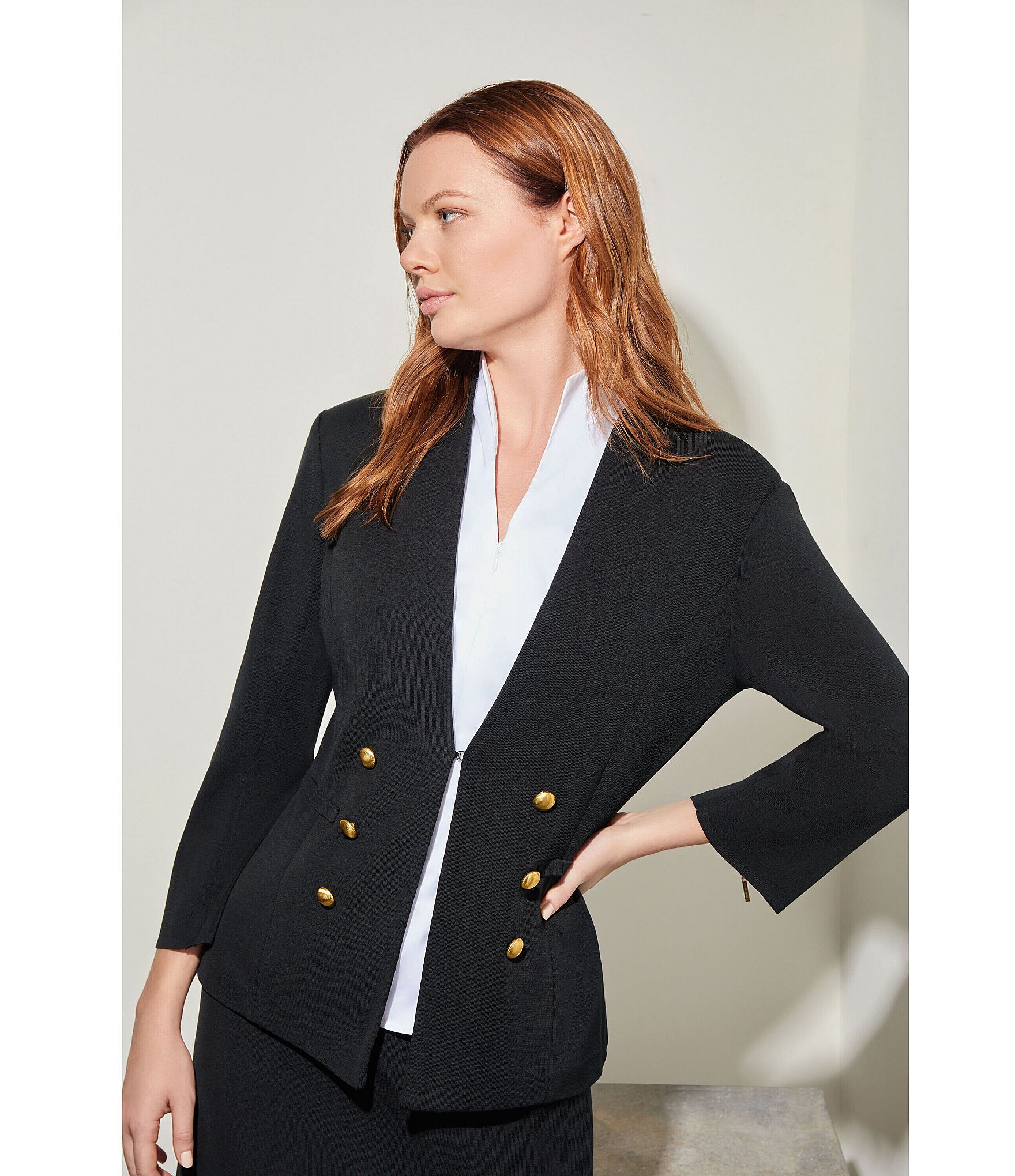 Ming Wang Stand Collar 3/4 Sleeve Button Trim Knit Coordinating Jacket
