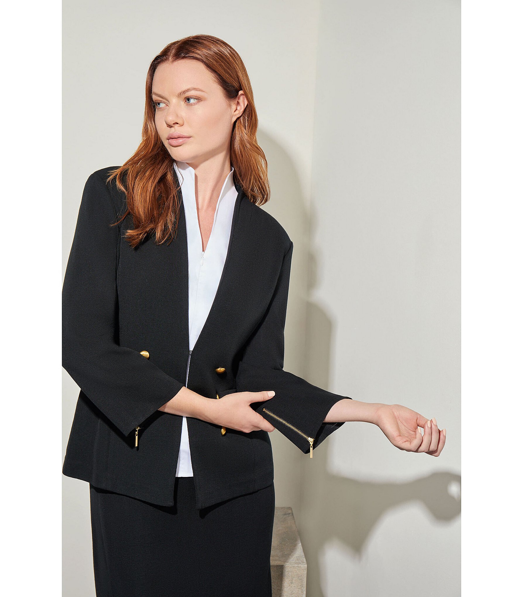 Ming Wang Stand Collar 3/4 Sleeve Button Trim Knit Coordinating Jacket