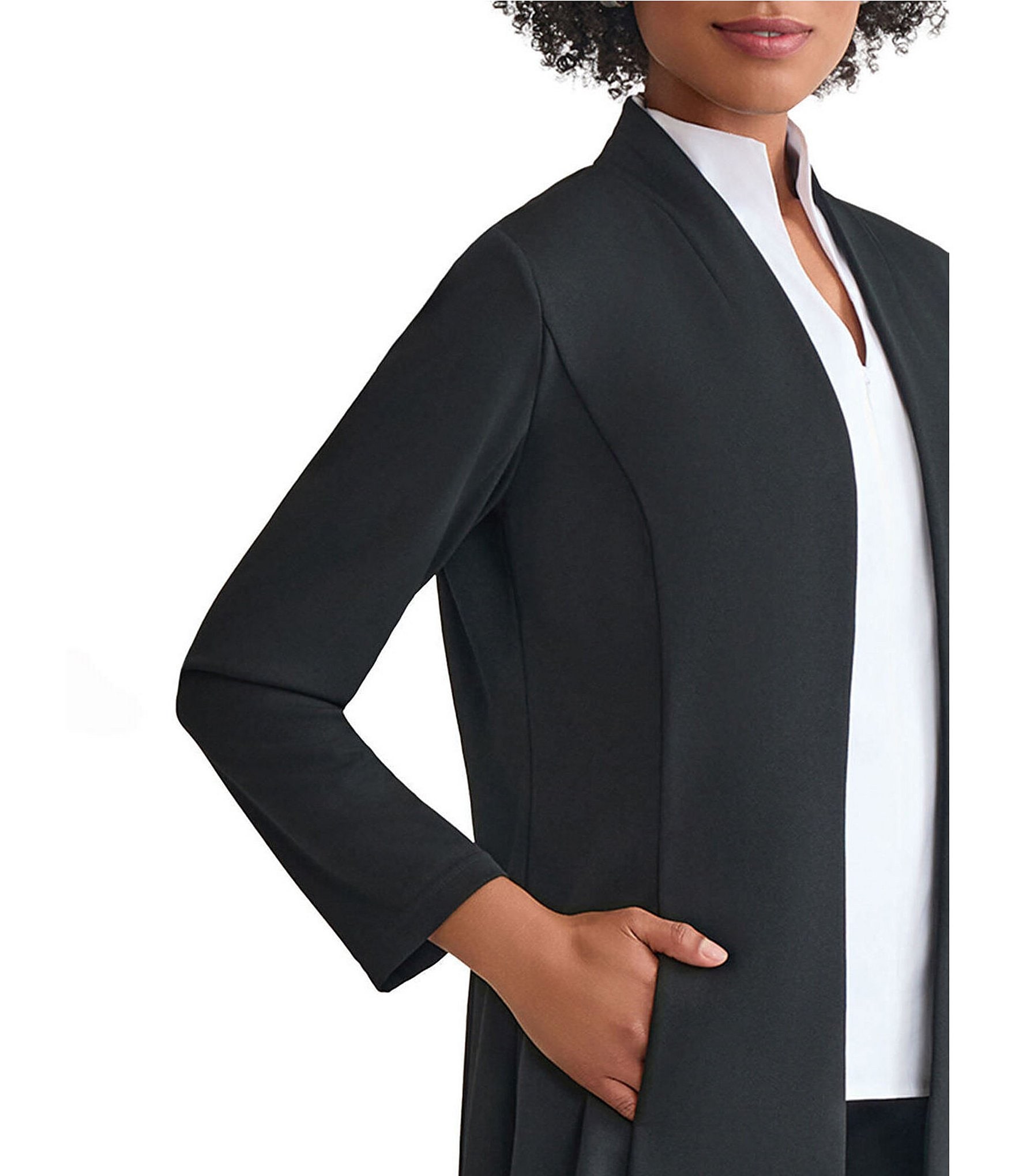 Ming Wang Stretch Crepe Modified Mandarin Open Front Bracelet Sleeve Jacket
