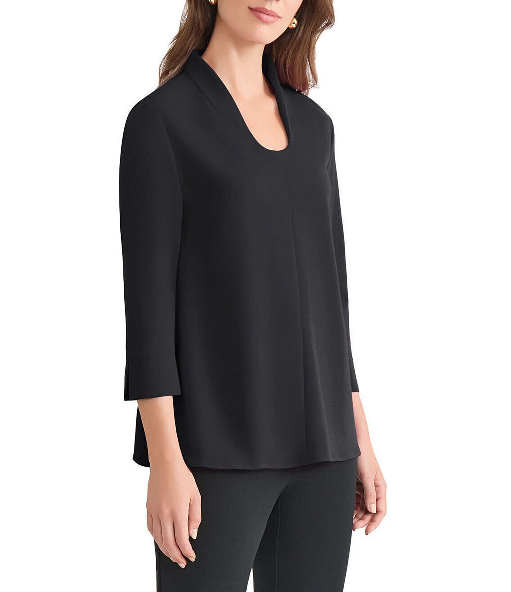Ming Wang Stretch Crepe Scoop Neck 3/4 Sleeve Blouse