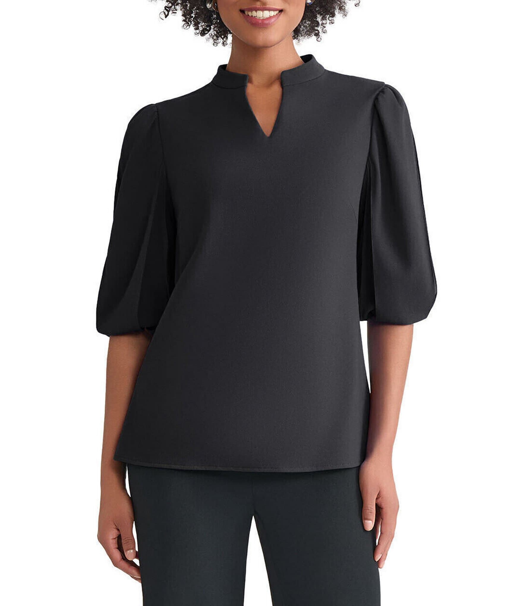 Ming Wang Stretch Crepe Split V-Neck Elbow Puff Sleeve Blouse